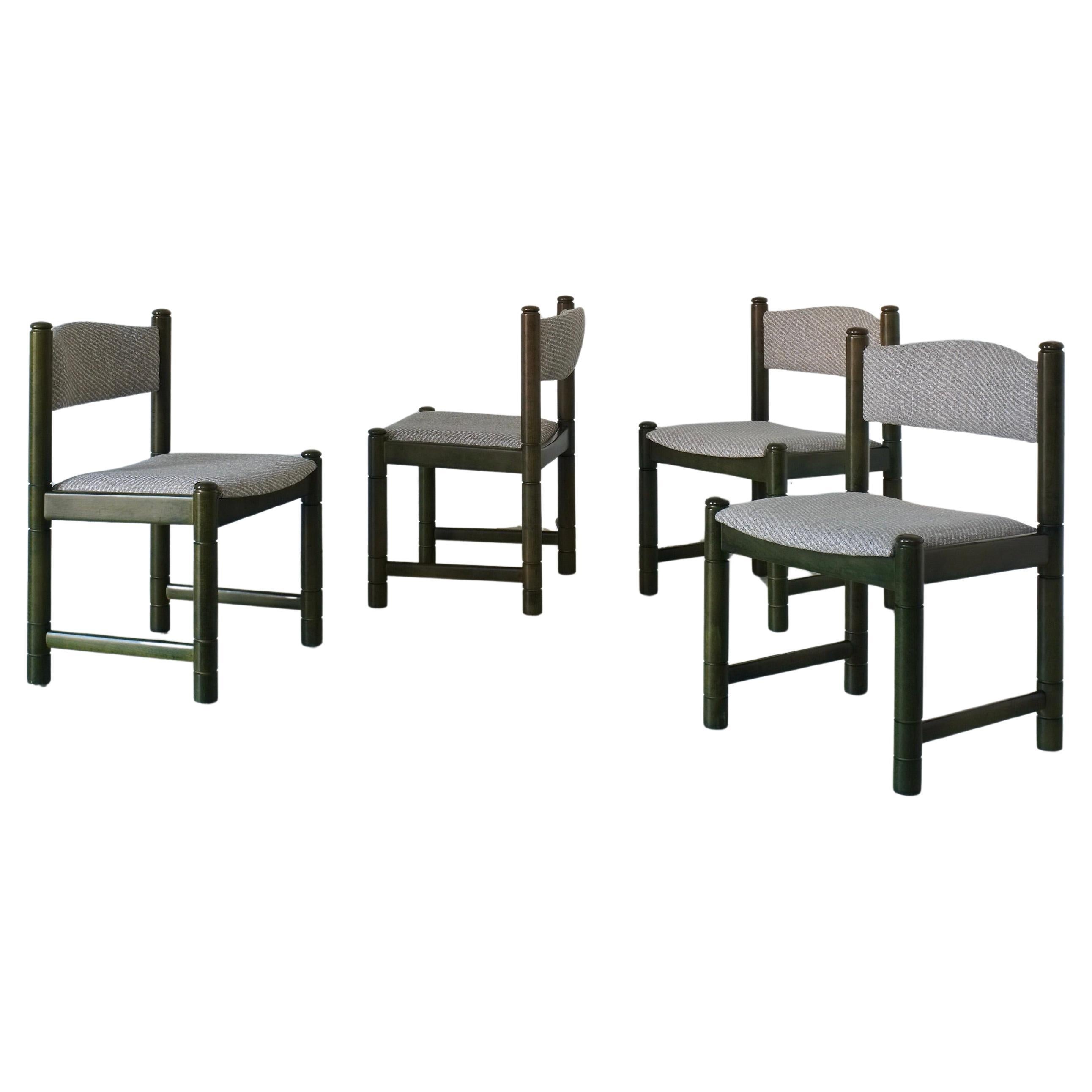 Set of 4 Green Carved Wooden Chairs, Scandinavia, 1960s