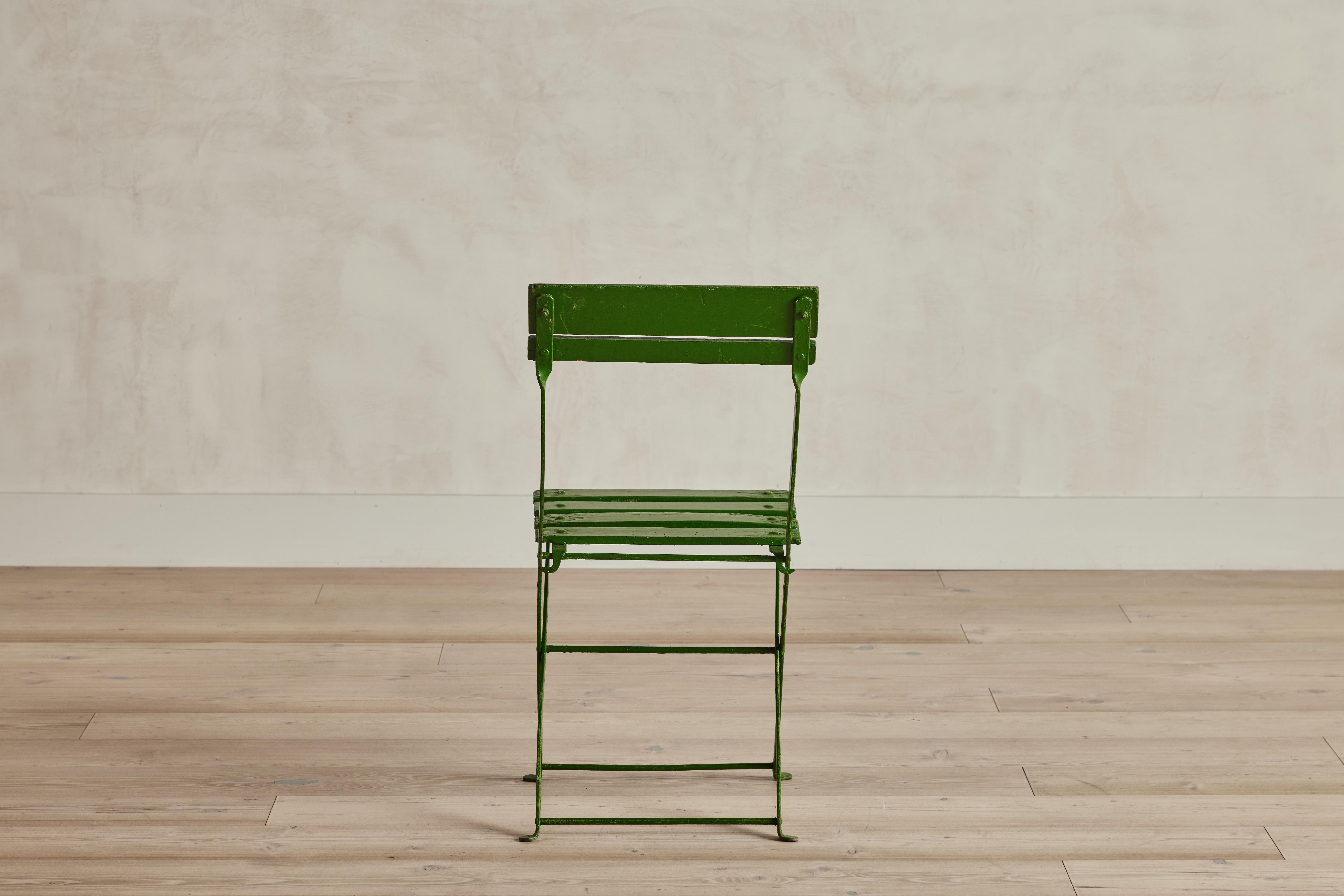 Metal Set of 4 Green French Bistro Chairs For Sale