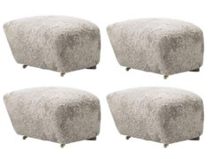 Set of 4 Green Tea Smoked Oak Sheepskin the Tired Man Footstools by Lassen