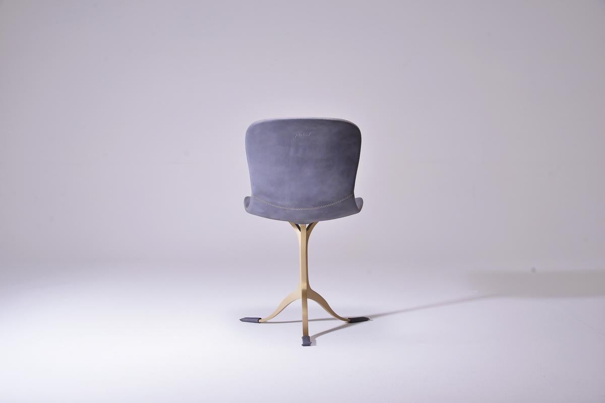 Contemporary Set of 4 Grey Leather and Golden Sand Cast Brass Chairs by P. Tendercool For Sale