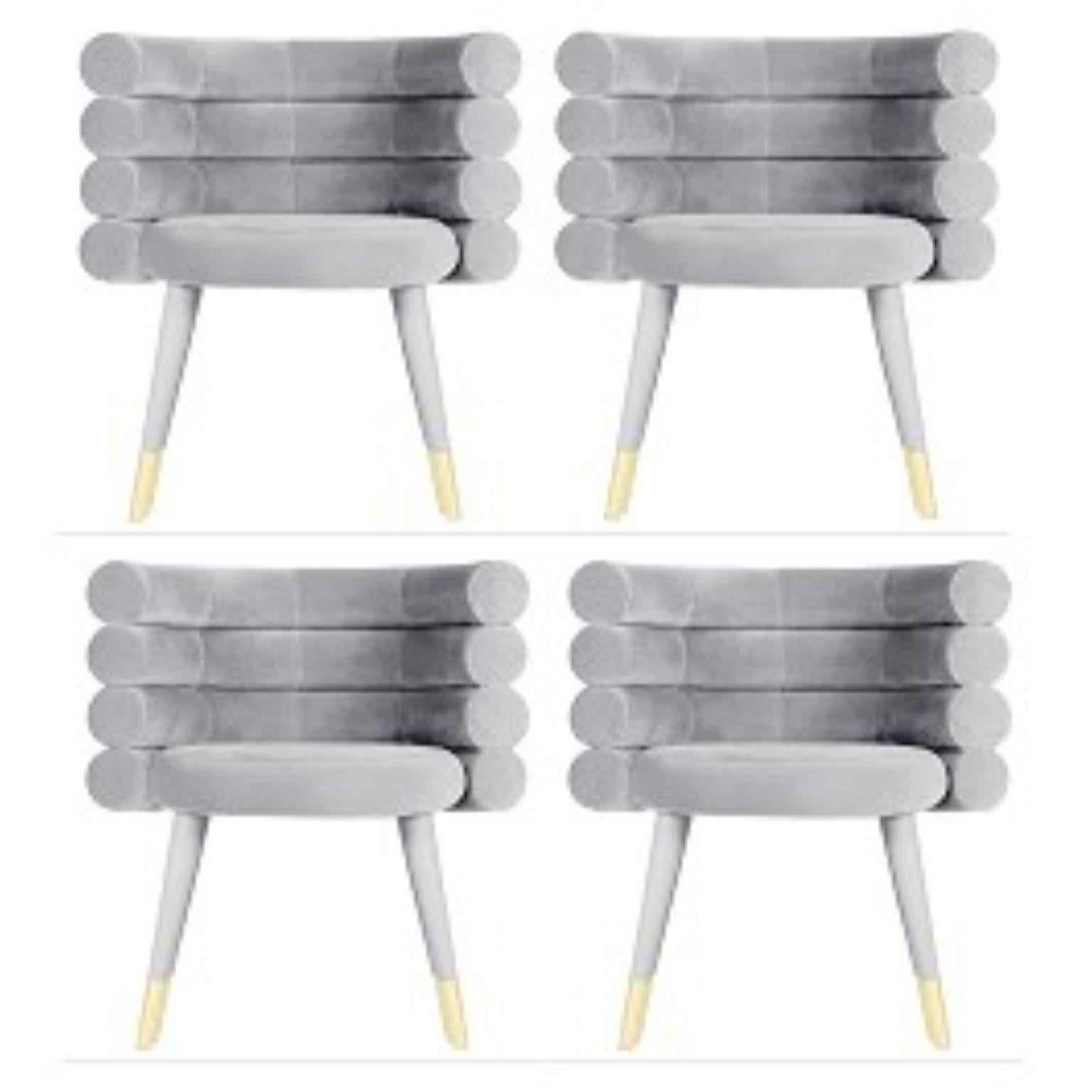 Set of 4 grey marshmallow dining chairs, Royal Stranger
Dimensions: 78 x 70 x 60 cm
Materials: Velvet upholstery and brass
Available in: Mint green, light pink, royal green and royal red

Royal Stranger is an exclusive furniture brand