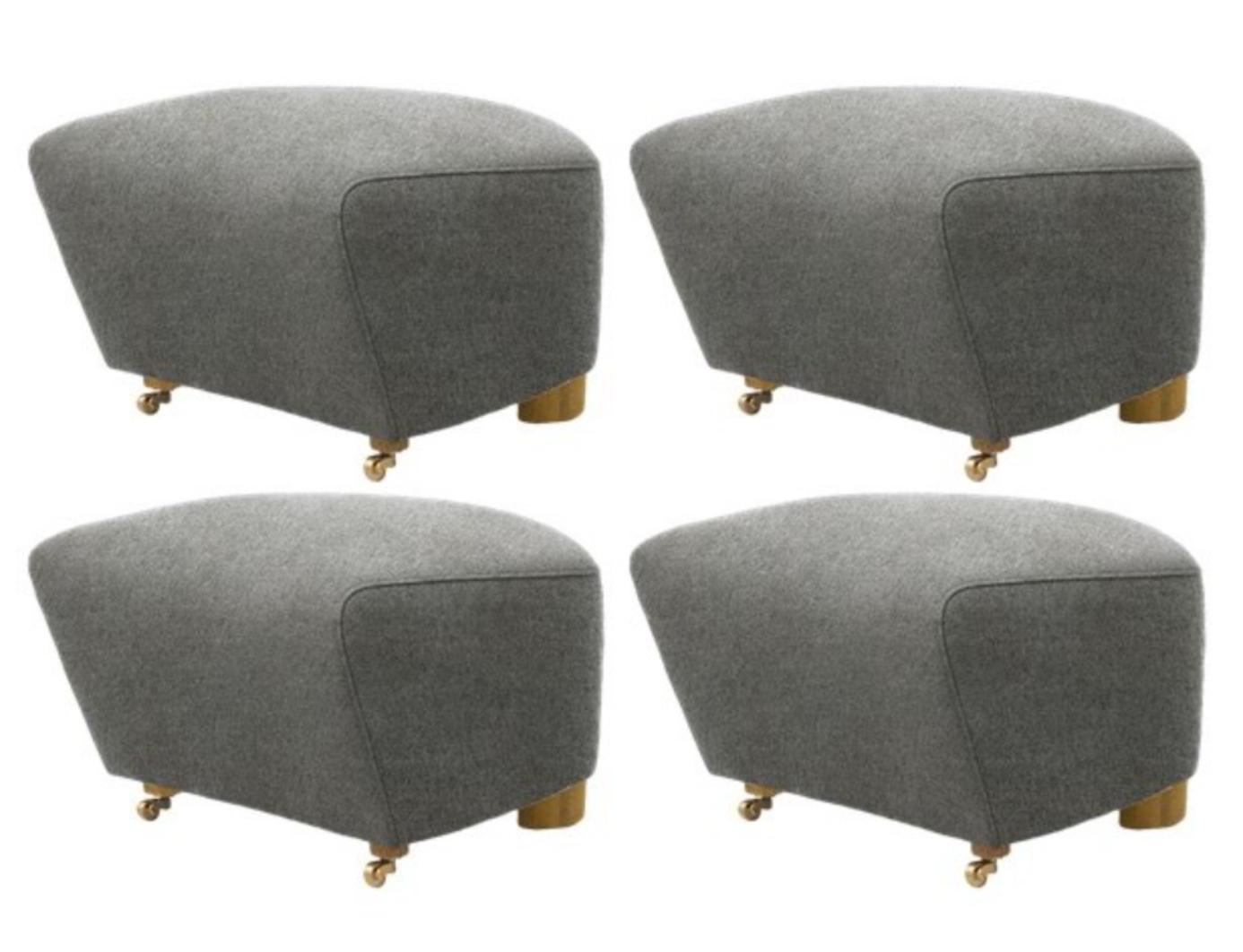 Set of 4 grey natural oak hallingdal the tired man footstools by Lassen.
Dimensions: W 55 x D 53 x H 36 cm 
Materials: Textile

Flemming Lassen designed the overstuffed easy chair, The Tired Man, for The Copenhagen Cabinetmakers’ Guild