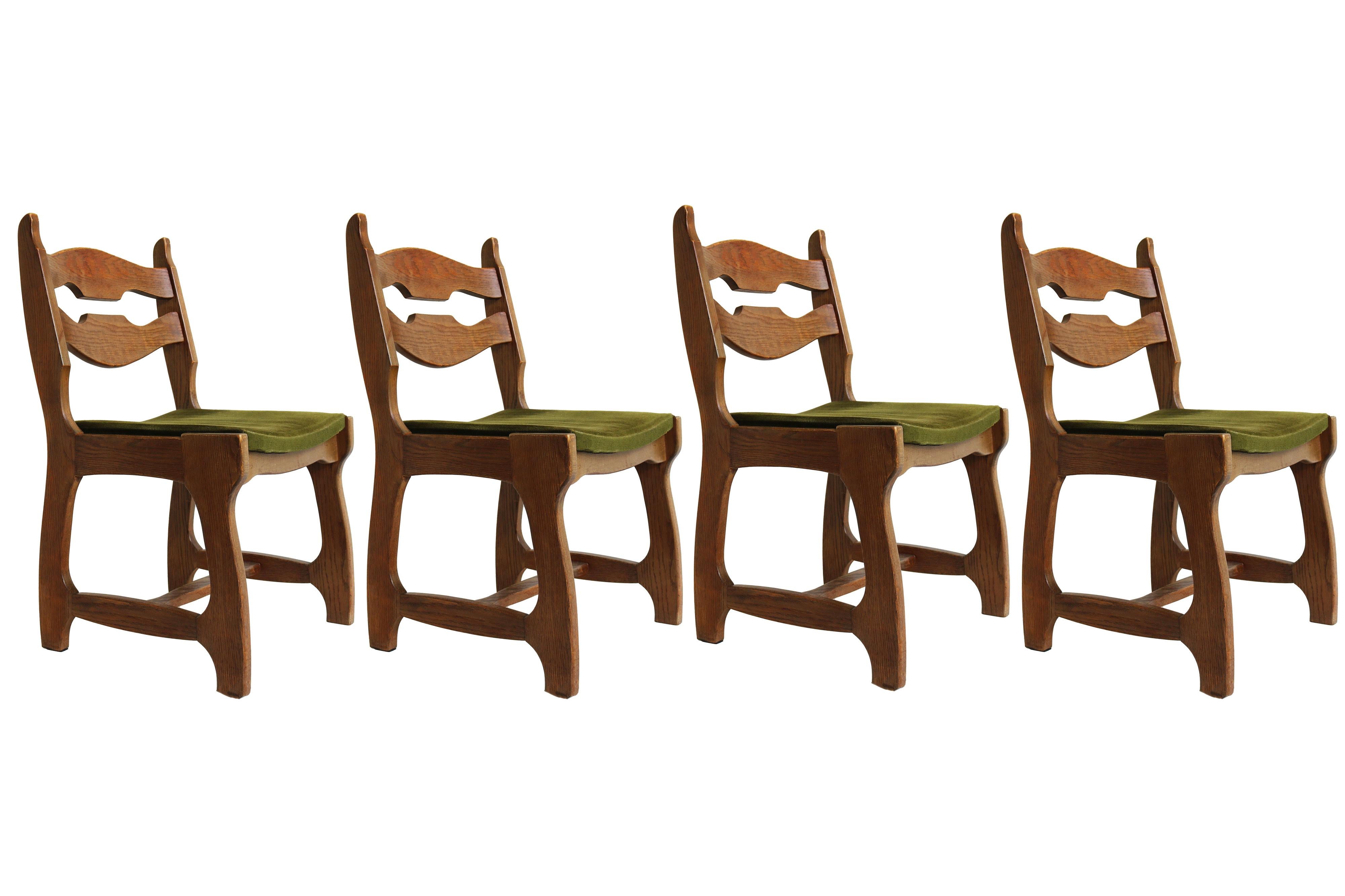 Set of 4 Guillerme et Chabron dining chairs in solid oak France 1950 Brutalist  For Sale 3
