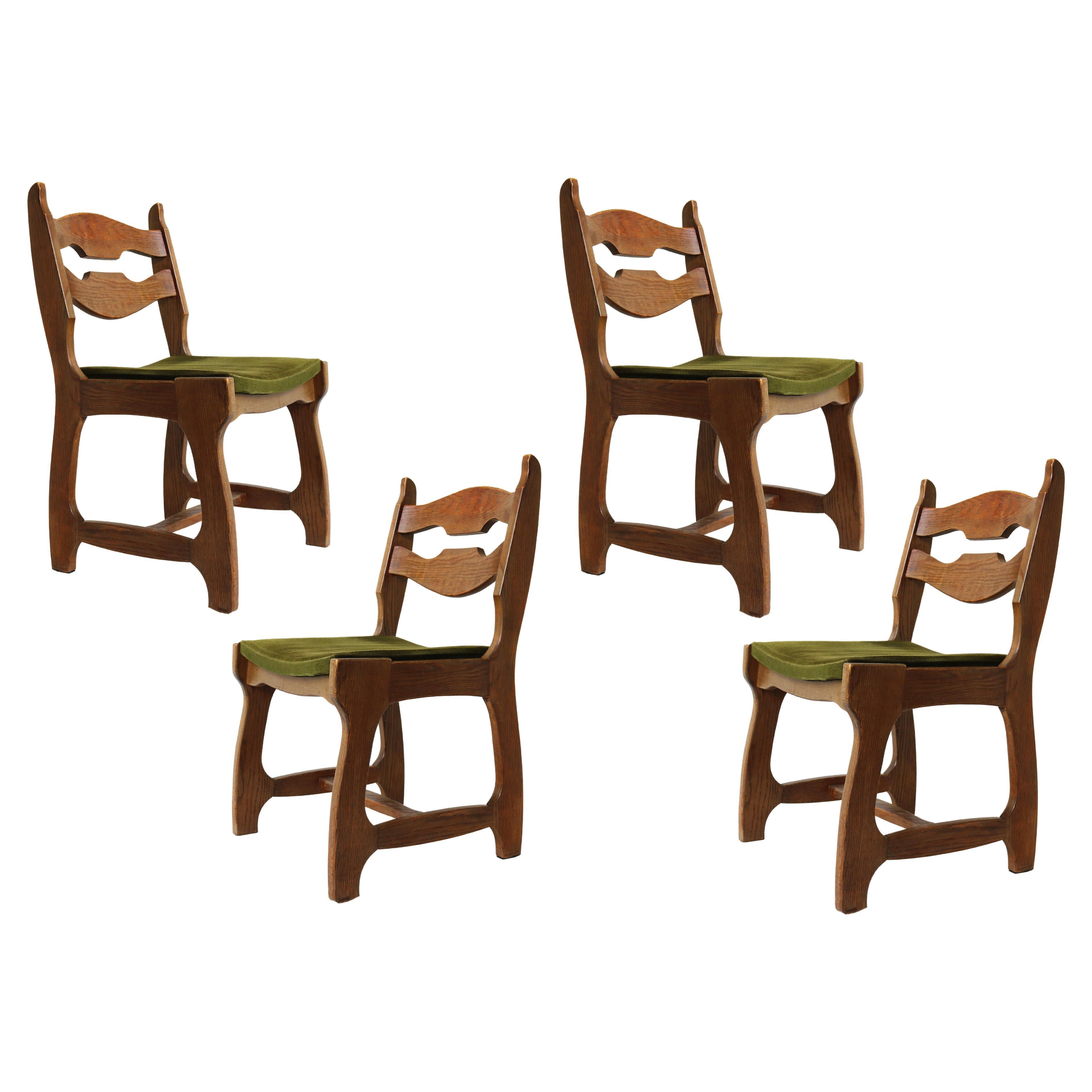 Set of 4 Guillerme et Chabron dining chairs in solid oak France 1950 Brutalist  For Sale