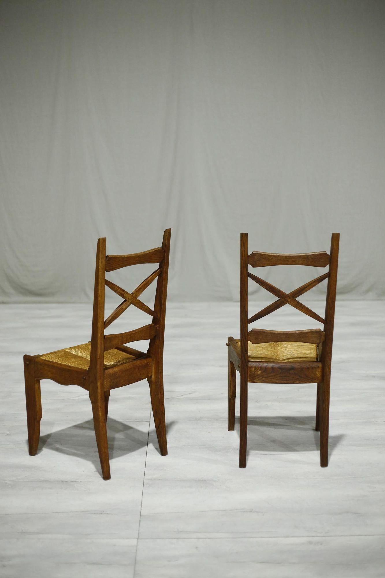 Set of 4 Guillerme et Chambron Oak and Rush Seated Dining Chairs 6