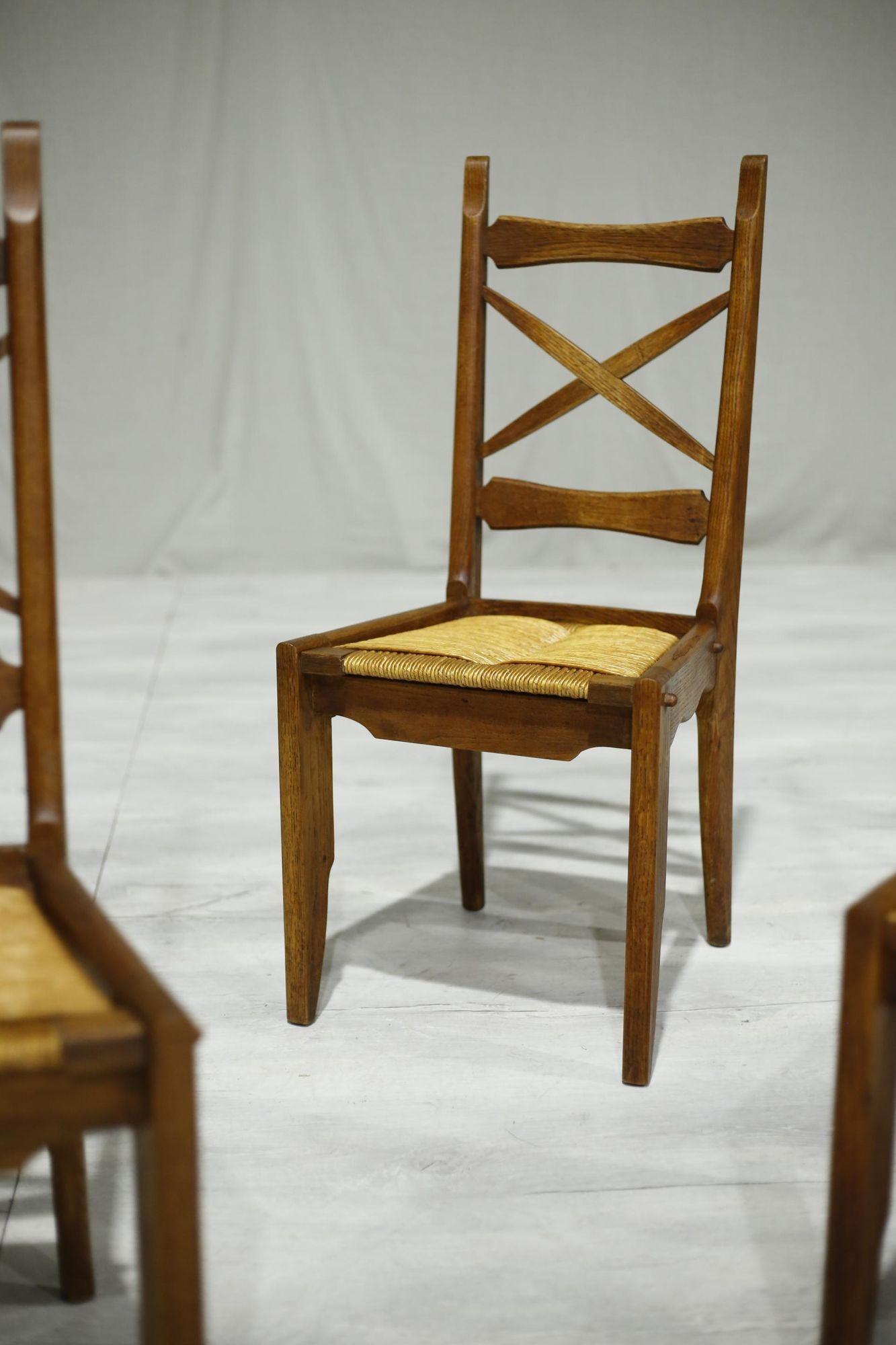 20th Century Set of 4 Guillerme et Chambron Oak and Rush Seated Dining Chairs