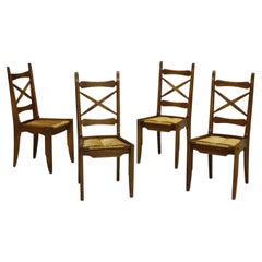 Set of 4 Guillerme et Chambron Oak and Rush Seated Dining Chairs