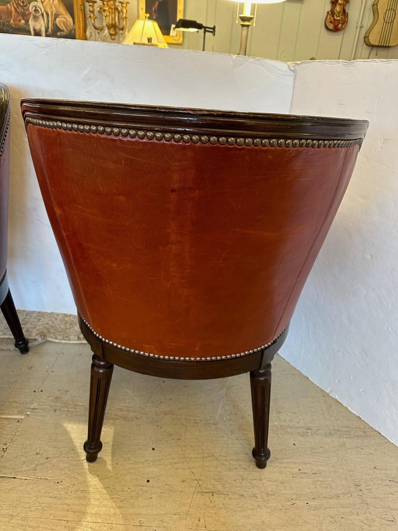 Set of 4 Guy Chaddock Caramel Leather & Walnut Barrel Shaped Club Chairs For Sale 6