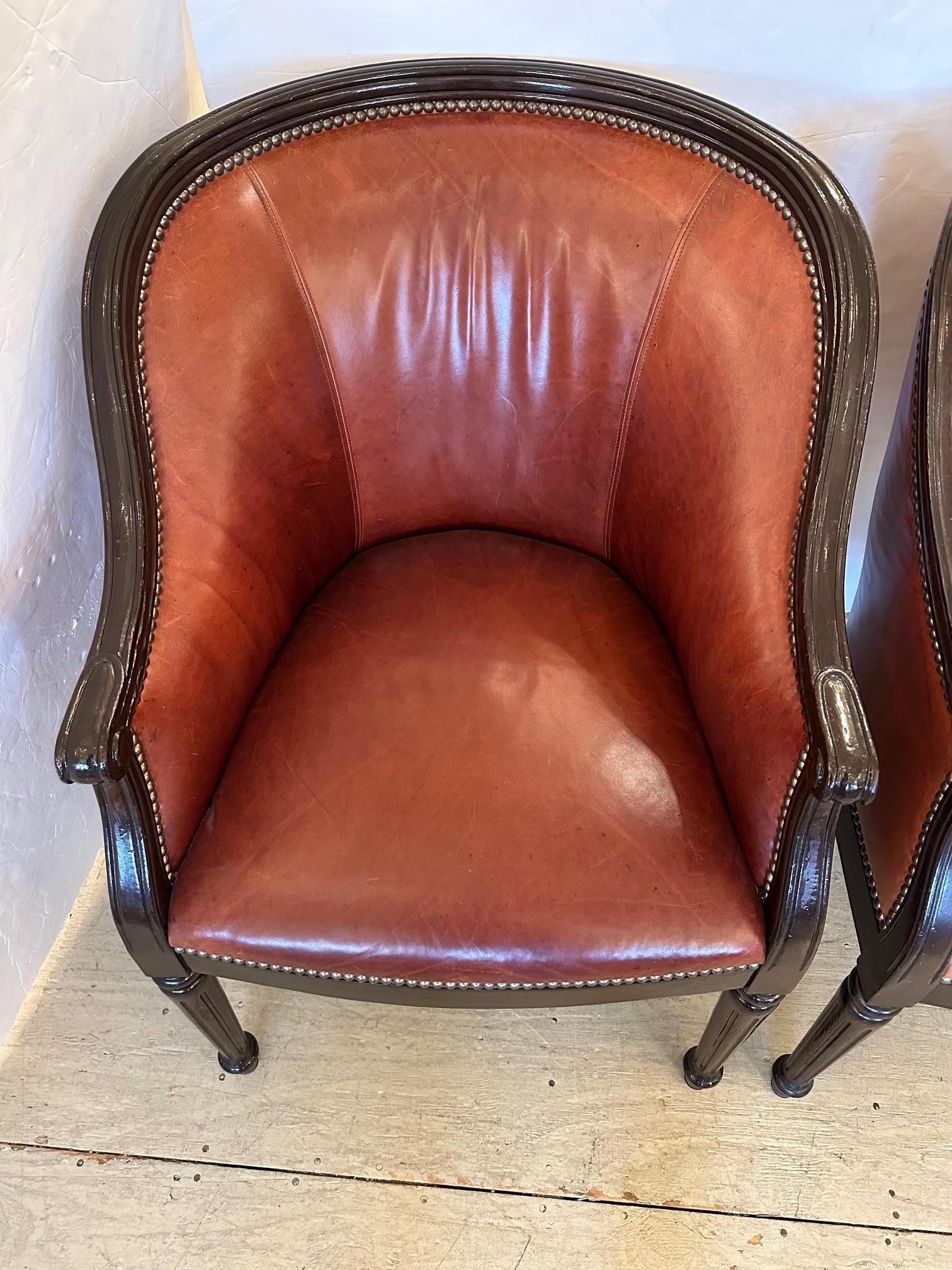 Set of 4 Guy Chaddock Caramel Leather & Walnut Barrel Shaped Club Chairs For Sale 7