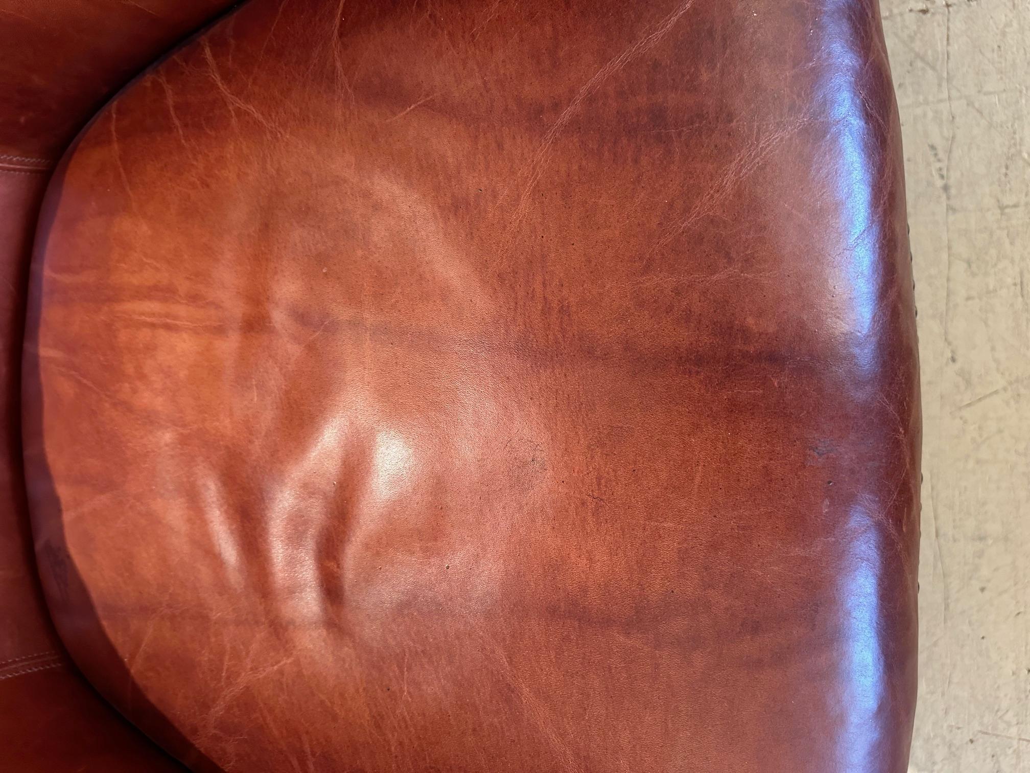 Set of 4 Guy Chaddock Caramel Leather & Walnut Barrel Shaped Club Chairs For Sale 8