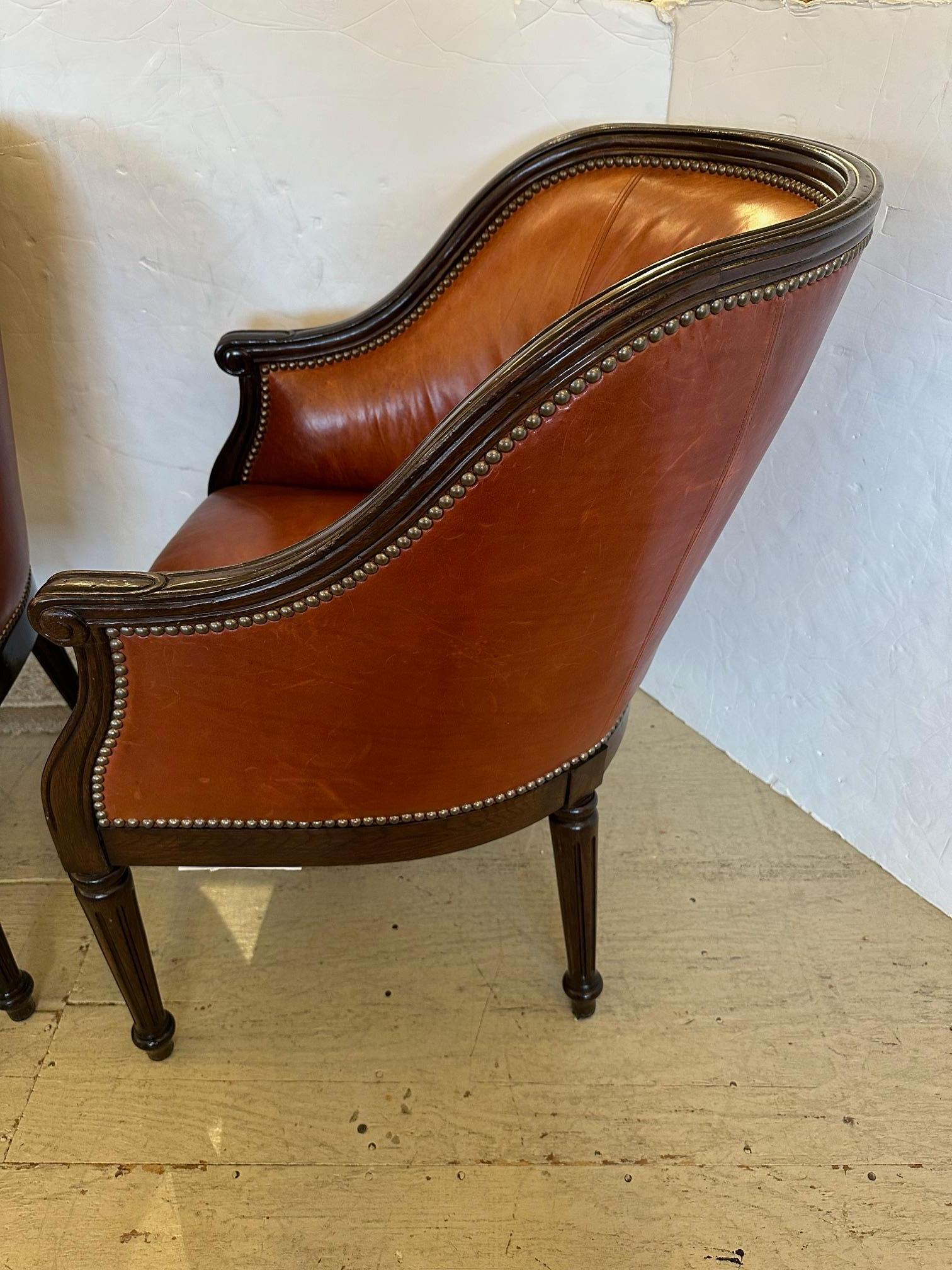 Set of 4 Guy Chaddock Caramel Leather & Walnut Barrel Shaped Club Chairs For Sale 9