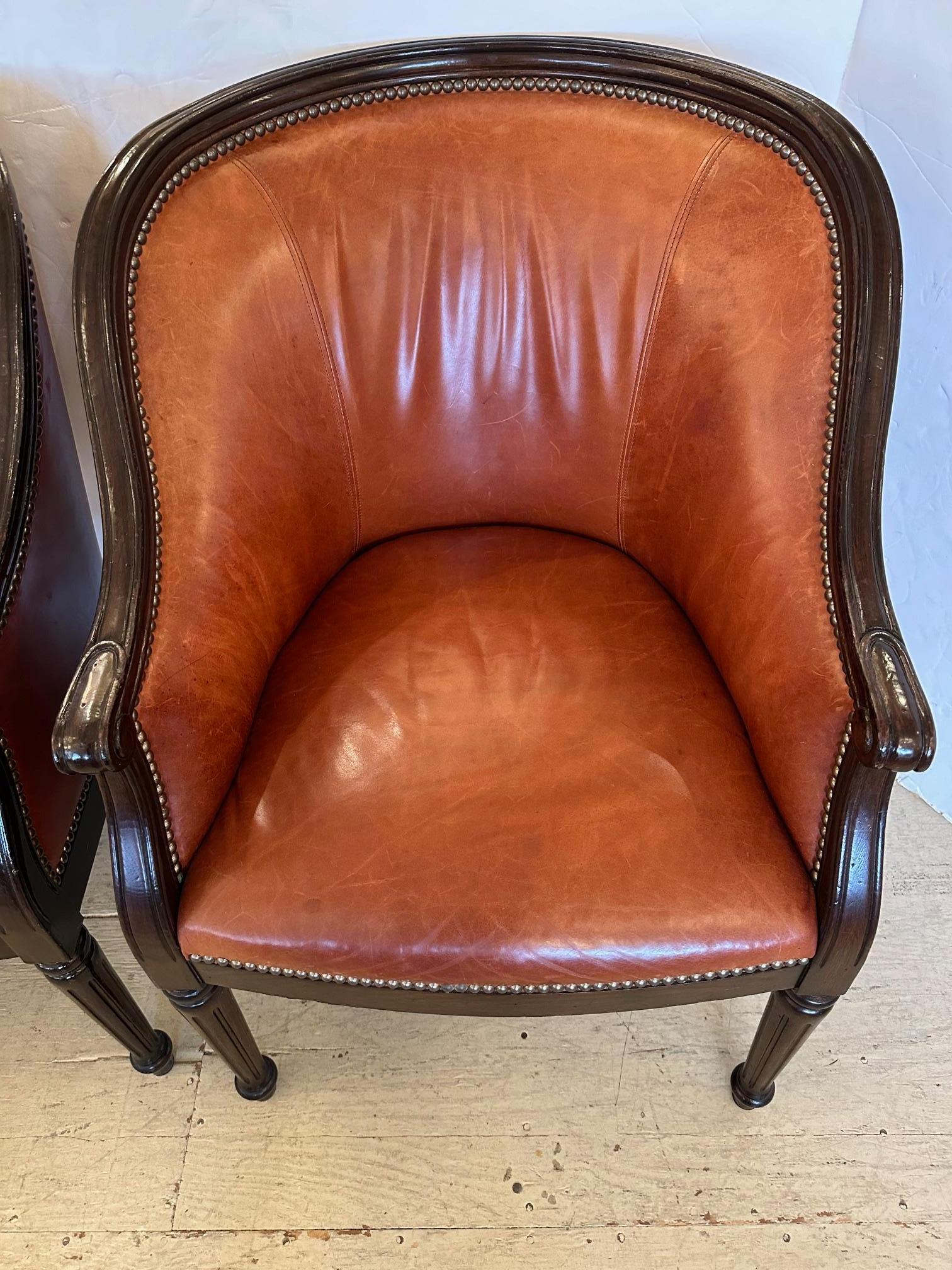 Set of 4 Guy Chaddock Caramel Leather & Walnut Barrel Shaped Club Chairs For Sale 11