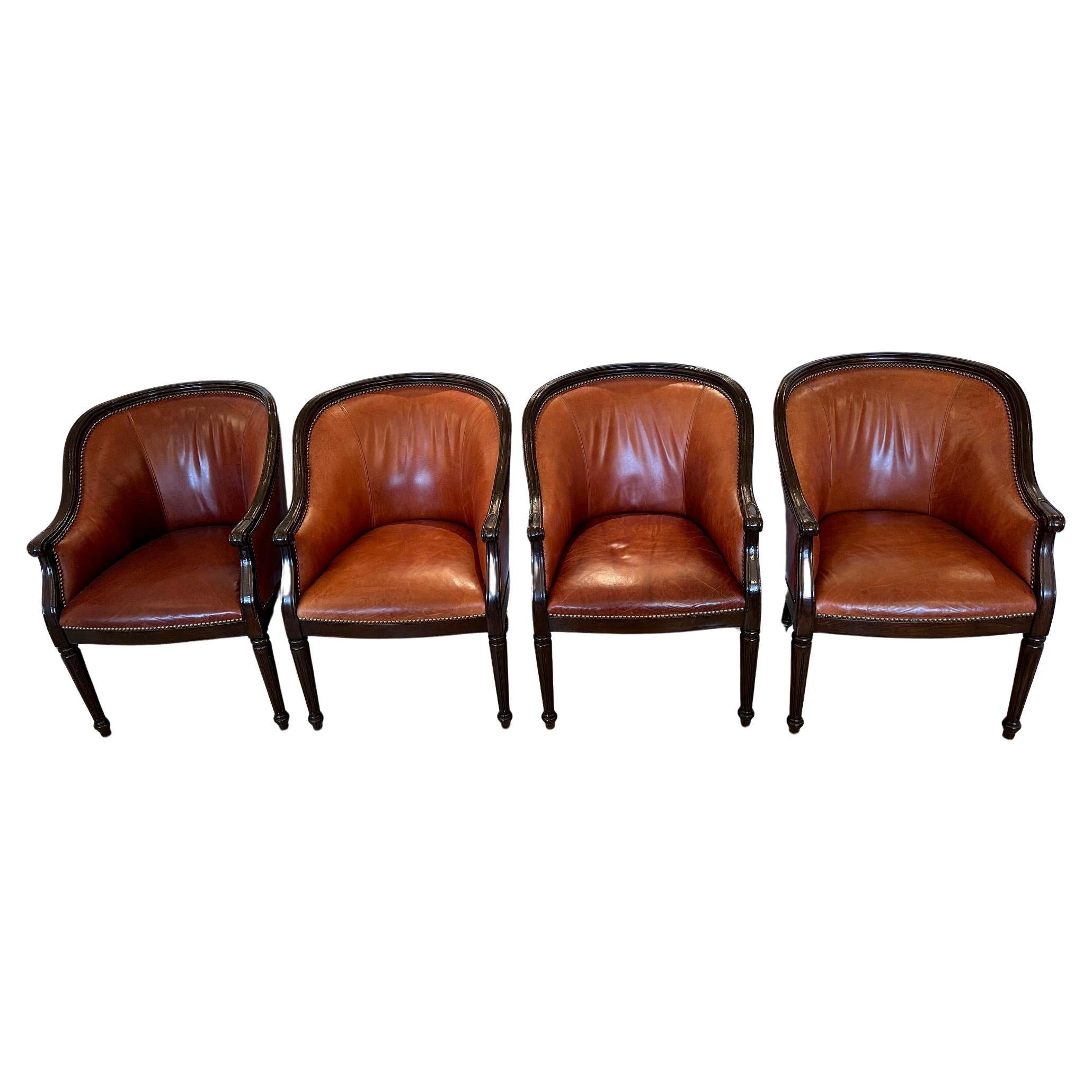 Set of 4 Guy Chaddock Caramel Leather & Walnut Barrel Shaped Club Chairs For Sale