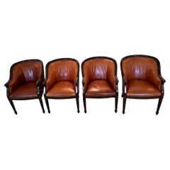 Set of 4 Guy Chaddock Caramel Leather & Walnut Barrel Shaped Club Chairs