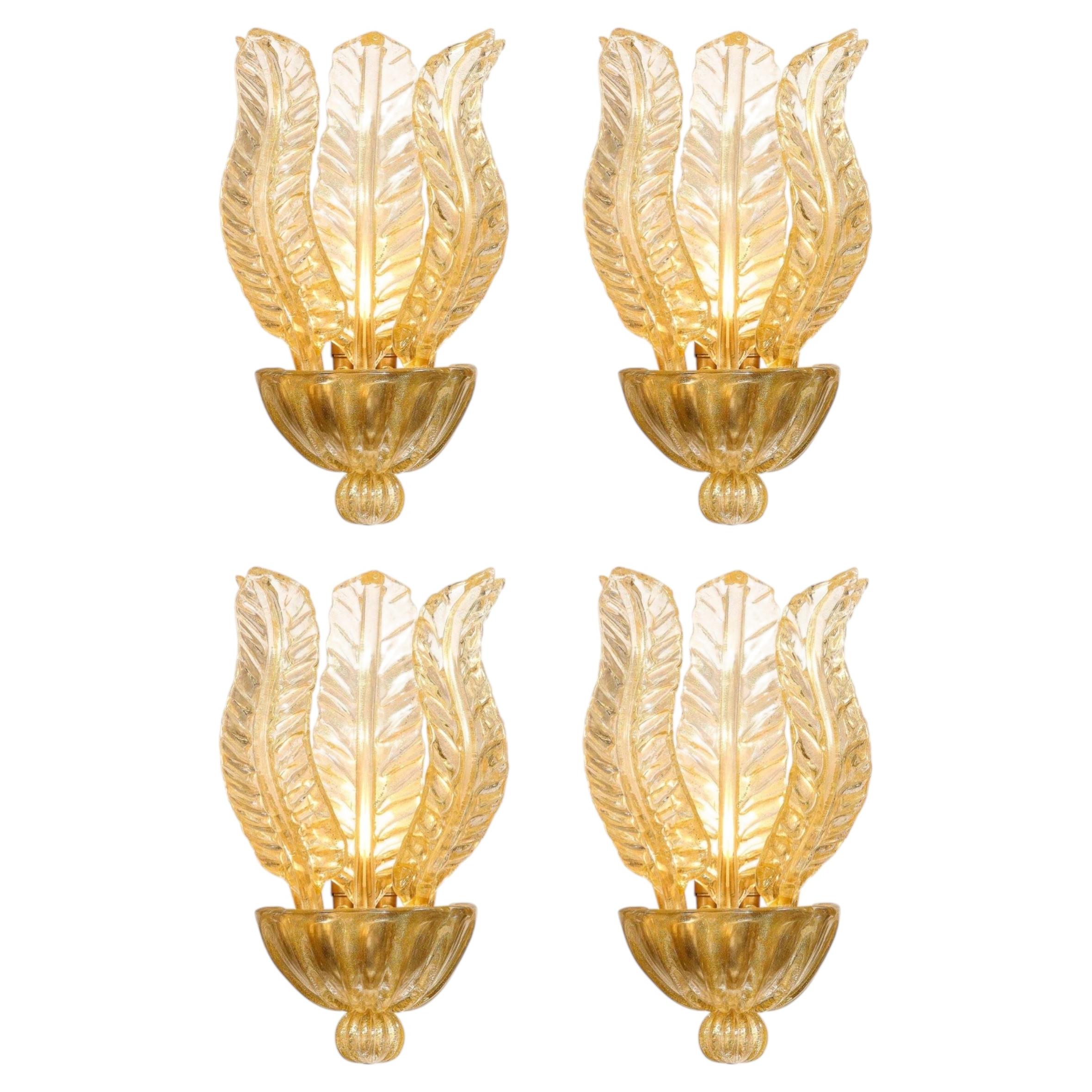 Set of 4 Hand-Blown Modernist Murano Foglia D'oro Glass Leaf Form Sconces For Sale