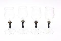 Murano Glass Wine Goblets with Gold Aventurine and Black, Barware Set 4 Italian