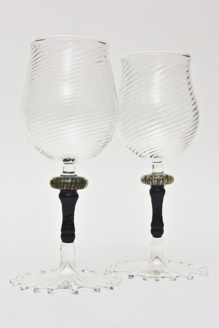 Set of 4 Hand Blown Murano Glass Wine Goblets with Gold Aventurine