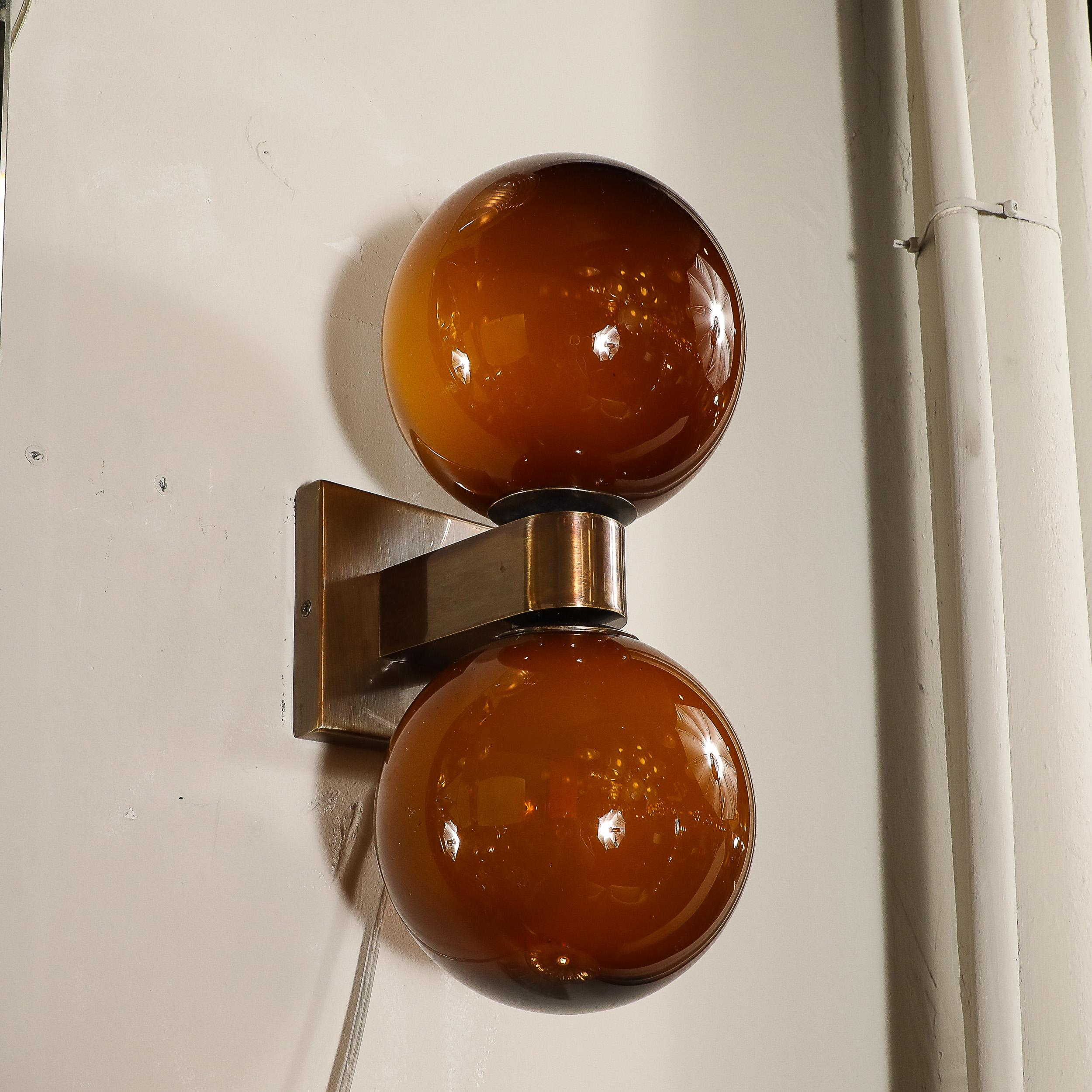 Ensemble de 4 appliques en verre de Murano soufflé à la bouche, double sphère en verre de tortue fumé et bronze en vente 5