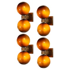 Set of 4 Hand-Blown Murano Smoked Tortoise Glass Double Sphere & Bronze Sconces