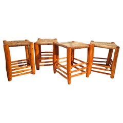 Set of 4  Hand Carved Stools W/ Hand Woven Sea Grass Seats