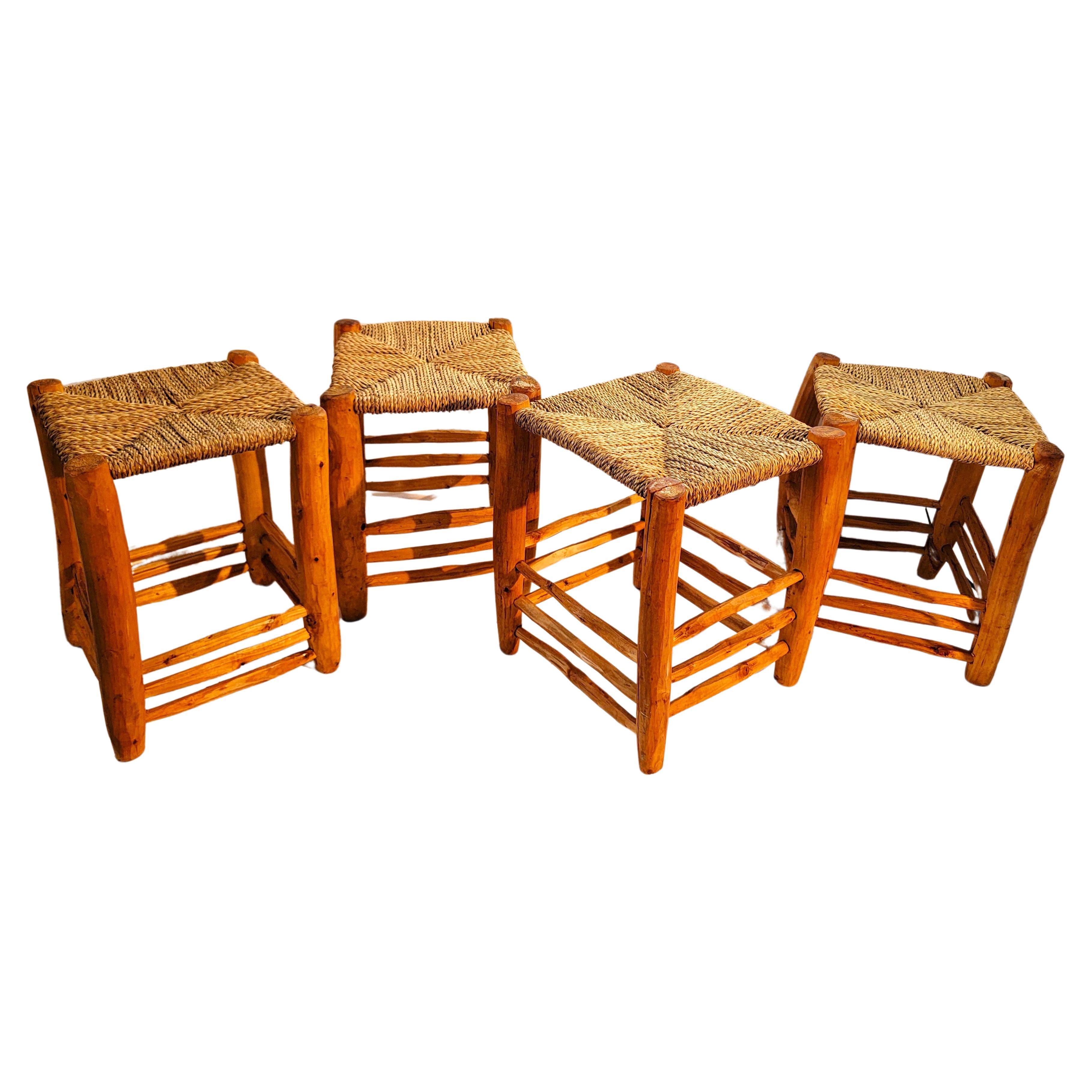 Adirondack Set of 4  Hand Carved Stools W/ Hand Woven Sea Grass Seats For Sale