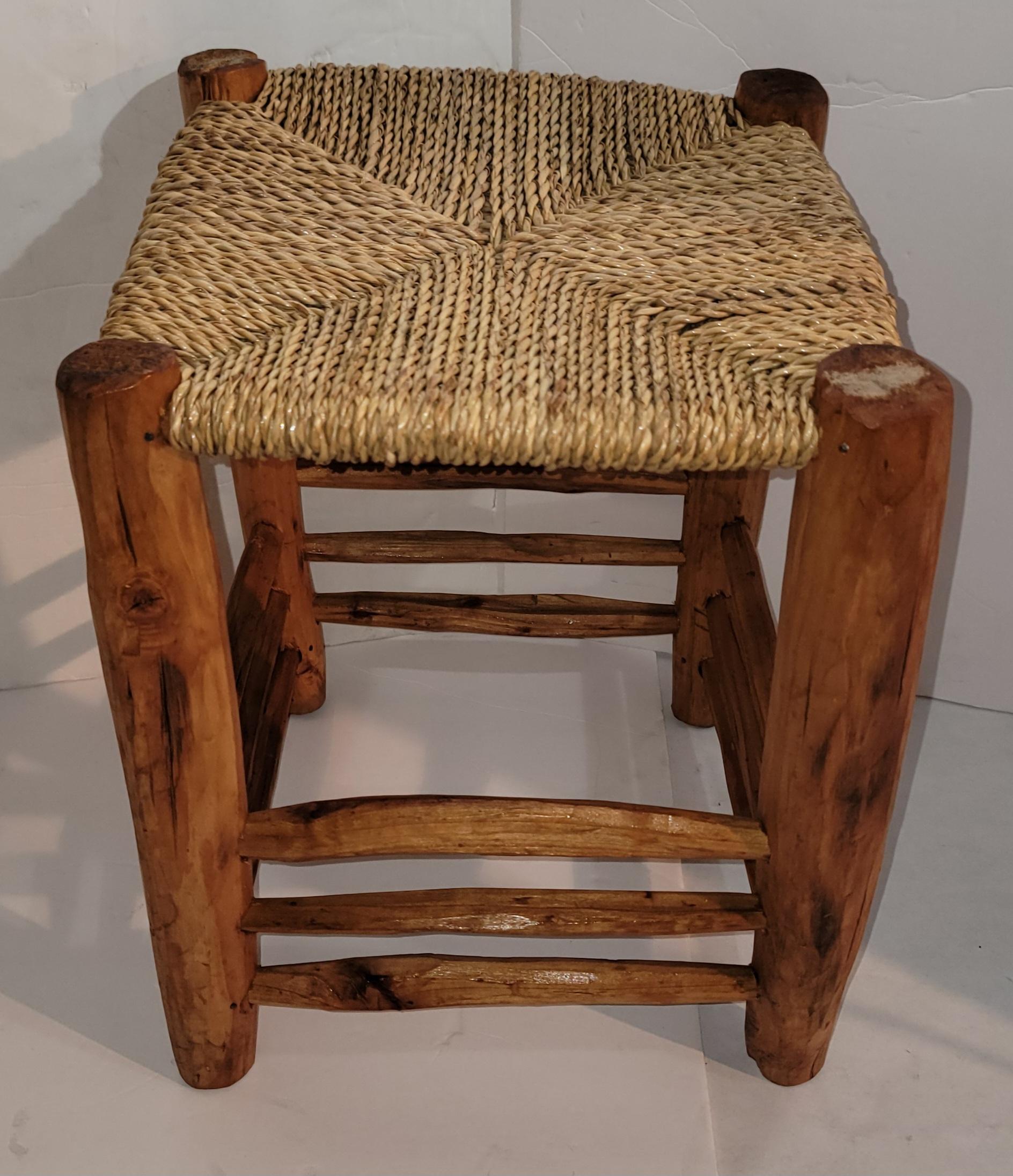 American Set of 4  Hand Carved Stools W/ Hand Woven Sea Grass Seats For Sale