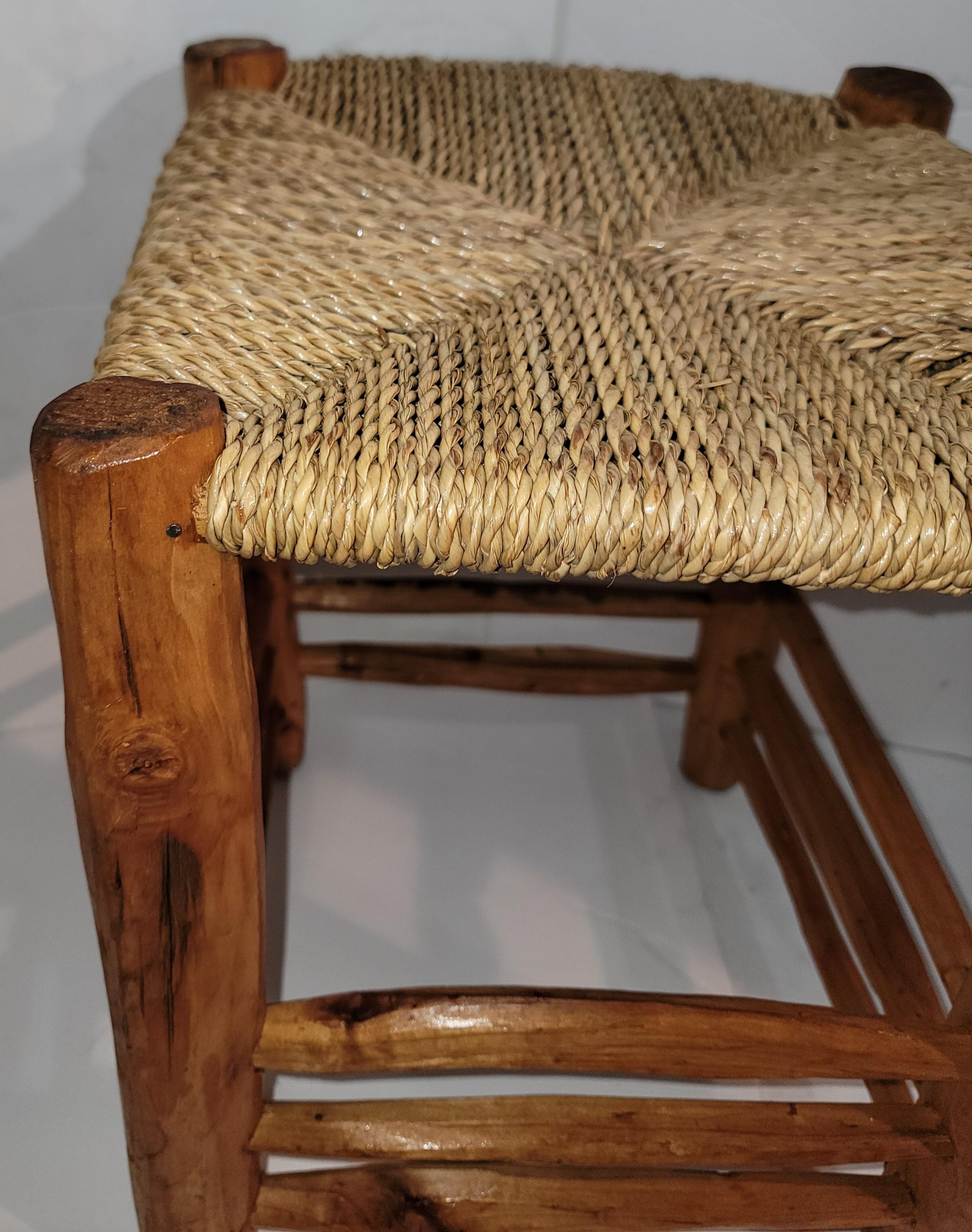 Set of 4  Hand Carved Stools W/ Hand Woven Sea Grass Seats In Good Condition For Sale In Los Angeles, CA