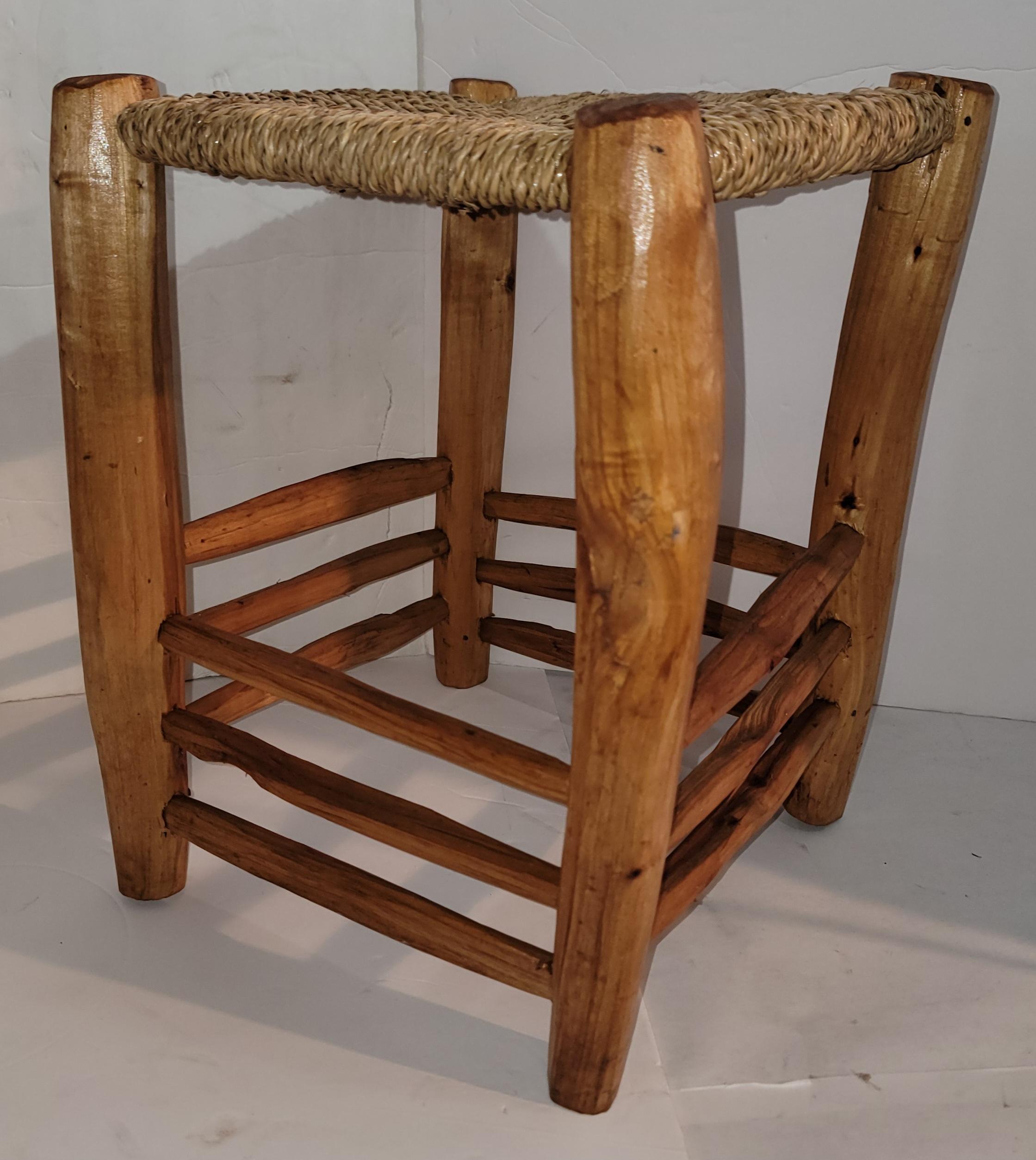 Seagrass Set of 4  Hand Carved Stools W/ Hand Woven Sea Grass Seats For Sale