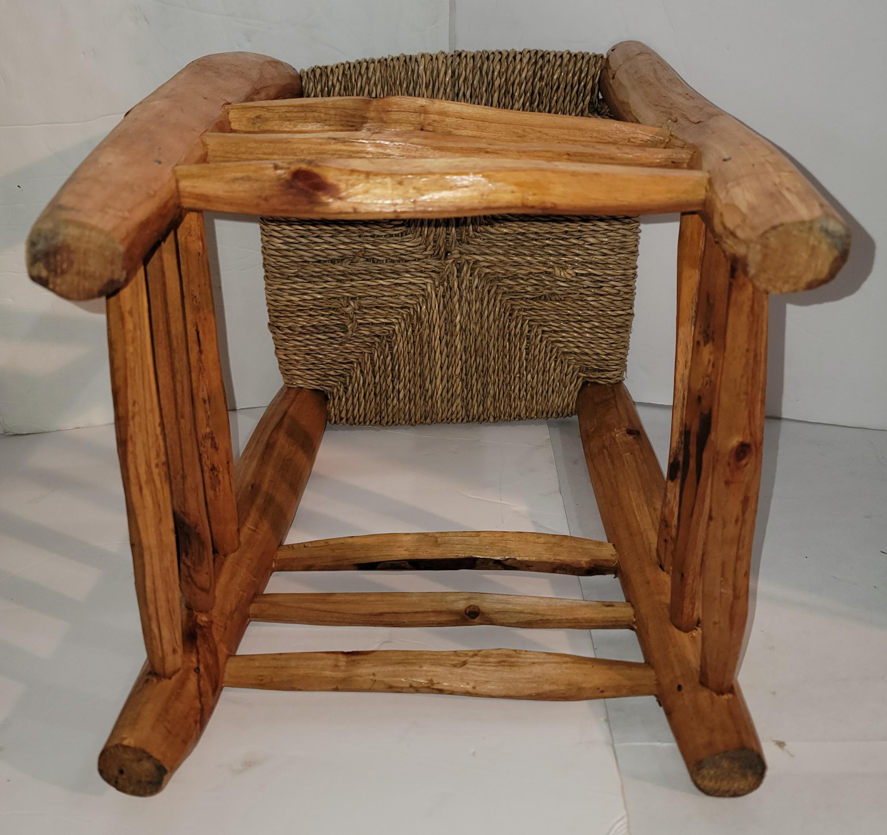 Set of 4  Hand Carved Stools W/ Hand Woven Sea Grass Seats For Sale 1