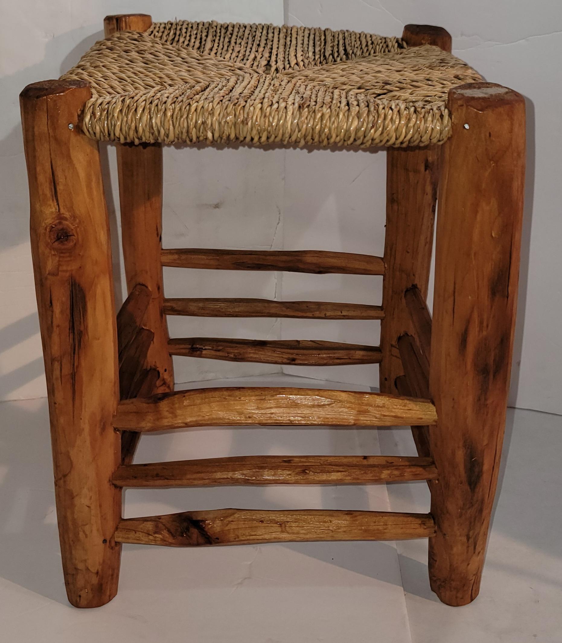 Set of 4  Hand Carved Stools W/ Hand Woven Sea Grass Seats For Sale 2