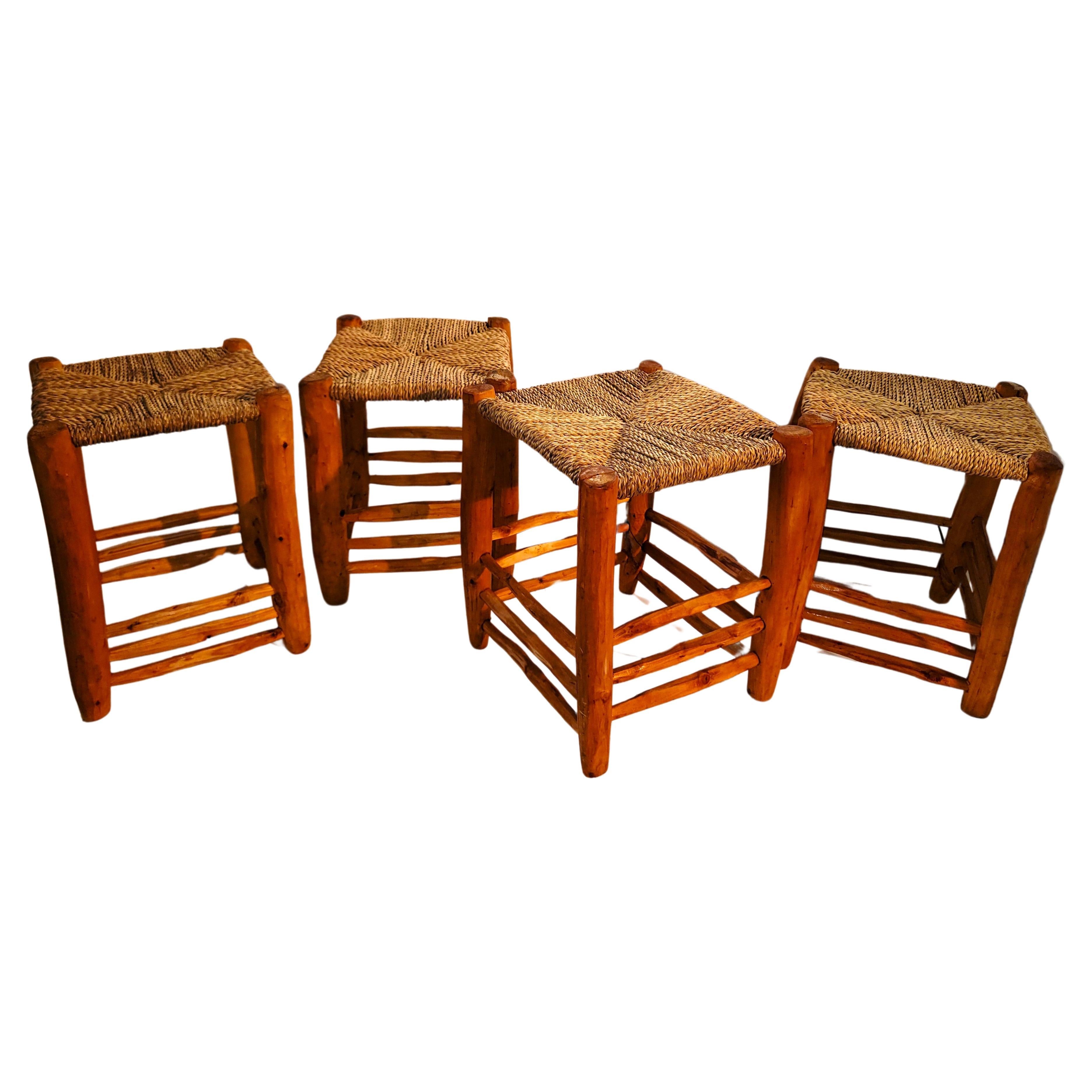 Set of 4  Hand Carved Stools W/ Hand Woven Sea Grass Seats For Sale