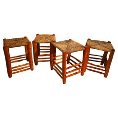 Set of 4  Hand Carved Stools W/ Hand Woven Sea Grass Seats