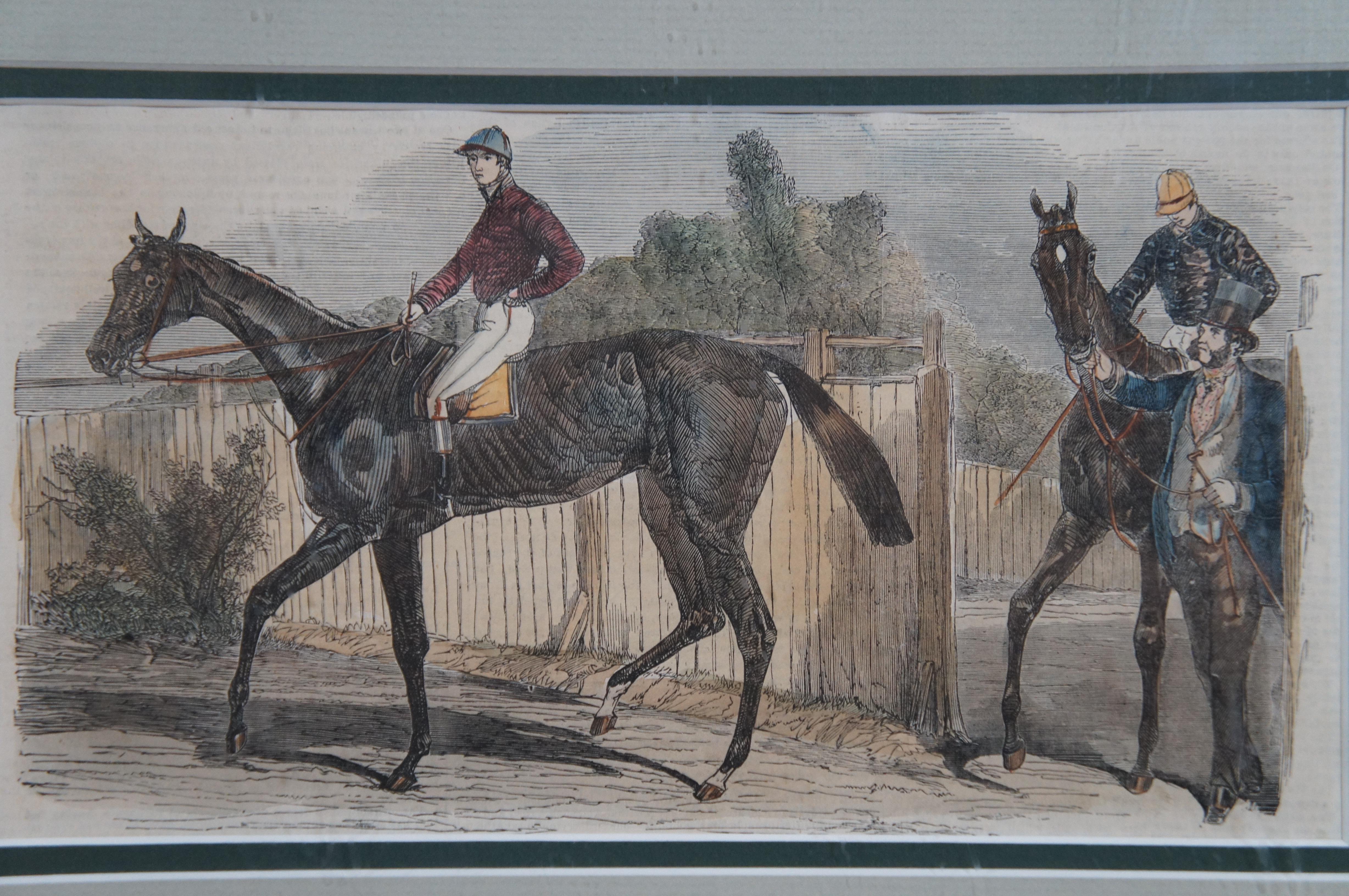 Paper Set of 4 Hand Colored 19th C. Engravings Horse Jockeys Equestrian Derby Framed  For Sale