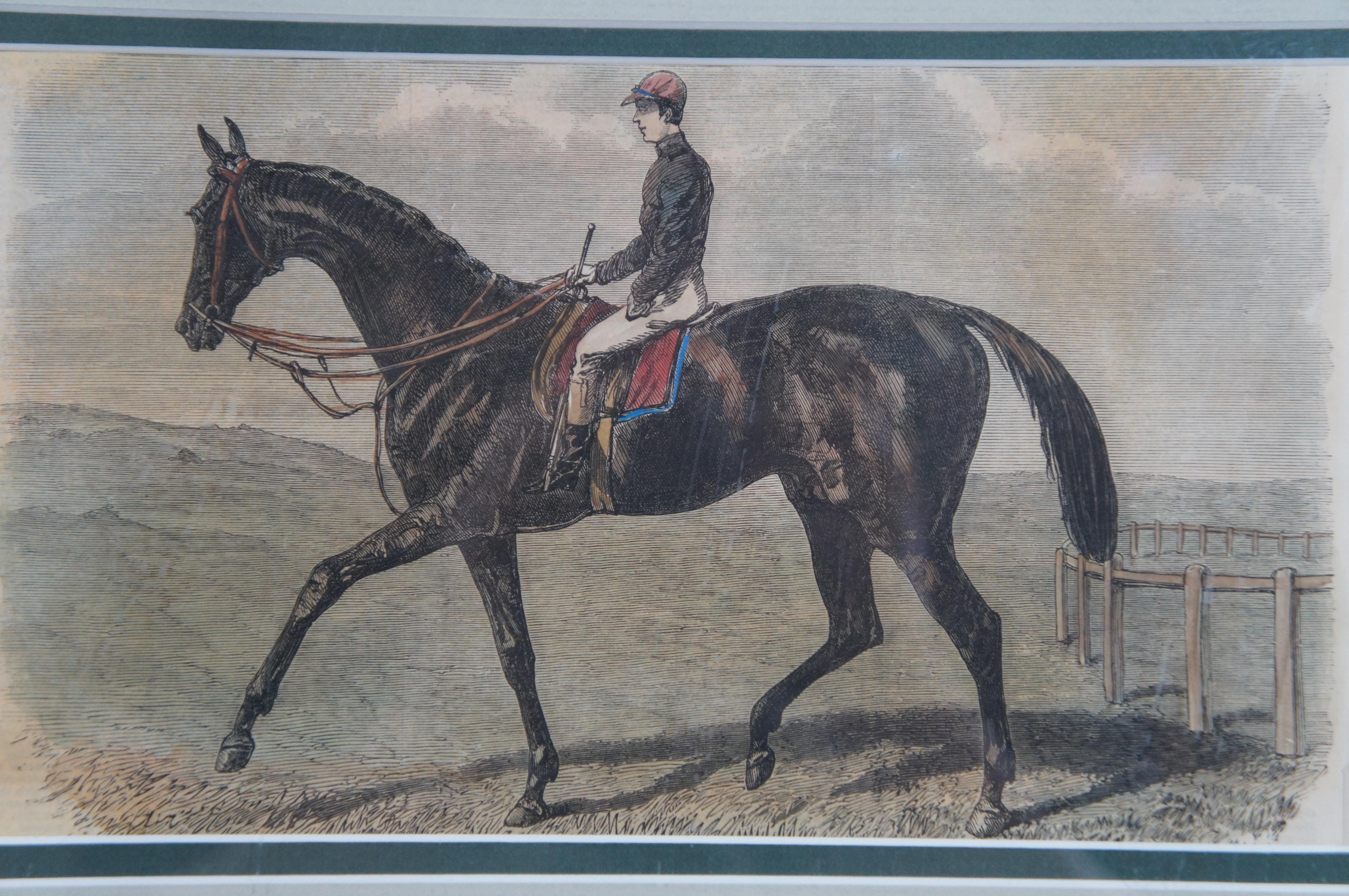 Set of 4 Hand Colored 19th C. Engravings Horse Jockeys Equestrian Derby Framed  For Sale 2