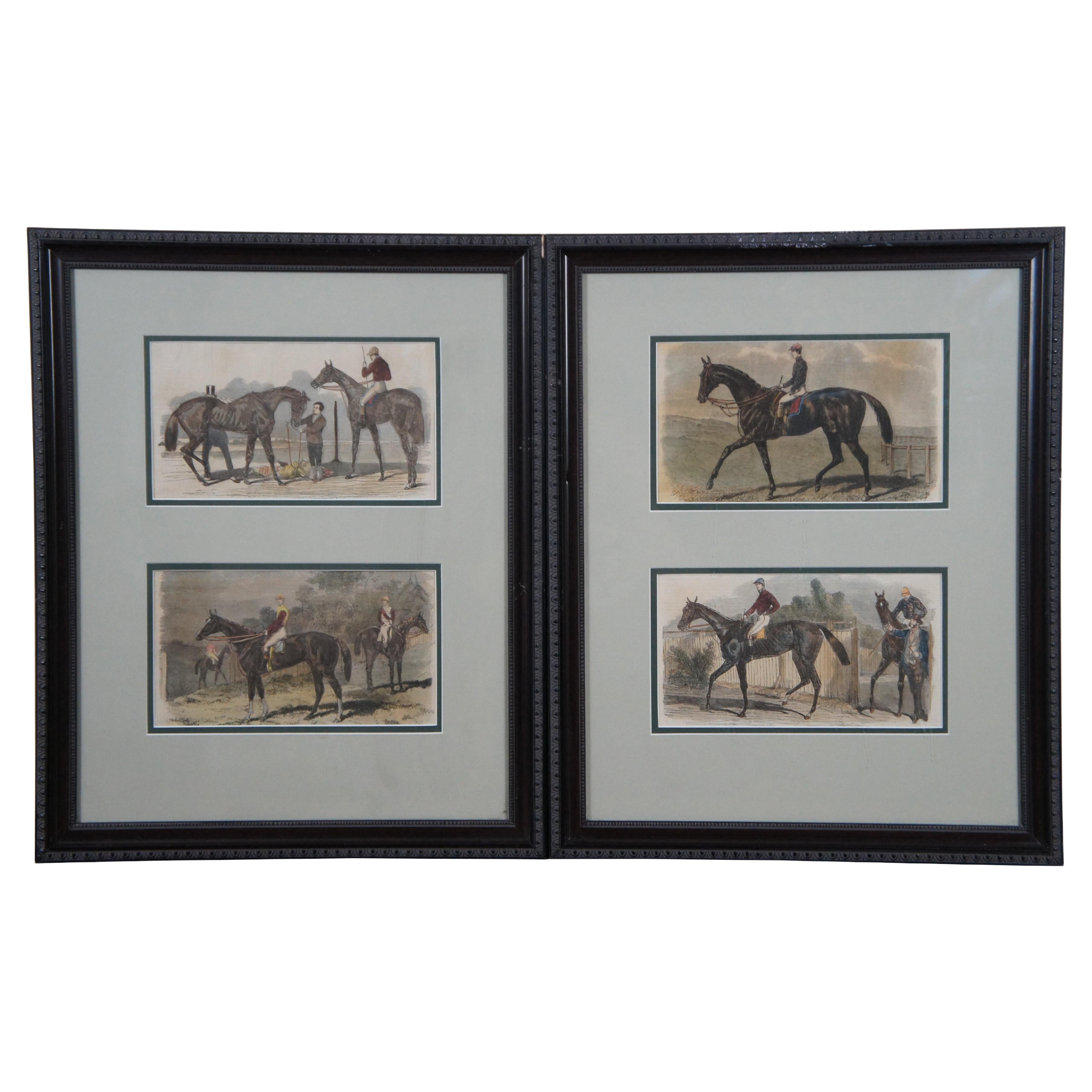 Set of 4 Hand Colored 19th C. Engravings Horse Jockeys Equestrian Derby Framed 