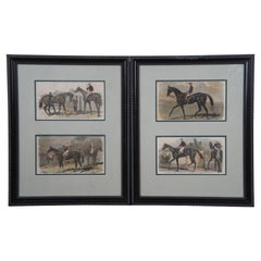 Antique Set of 4 Hand Colored 19th C. Engravings Horse Jockeys Equestrian Derby Framed 
