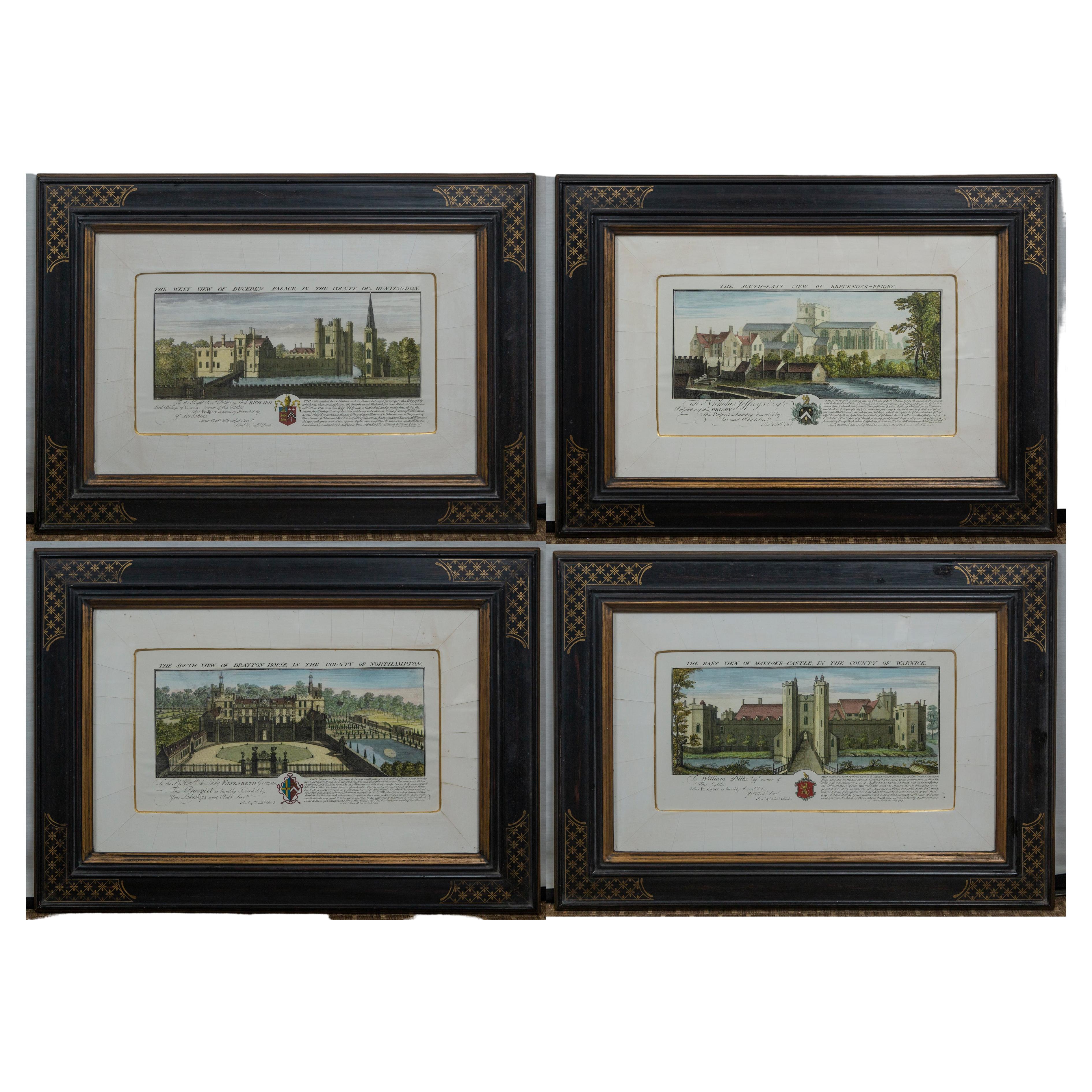 Set of 4 Hand Colored Engravings of Manor Houses For Sale