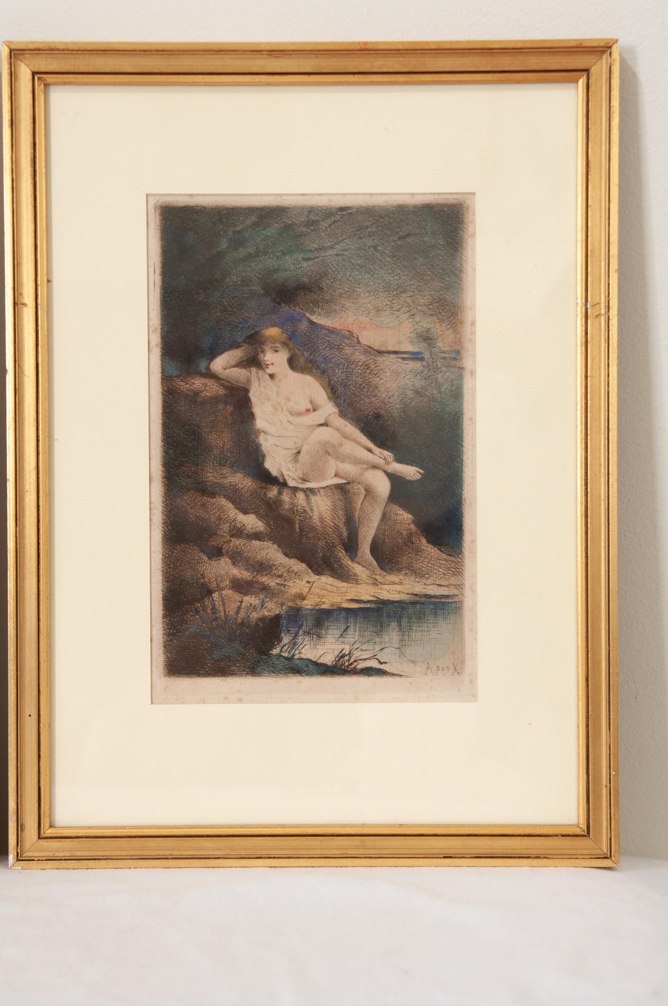 A unique set of four antique lithographs from France. Depicting four hand-colored images of posed women. Each frame is fixed with a wire and ready to be hung in your interior. Be sure to view the detailed images to see the current condition of this