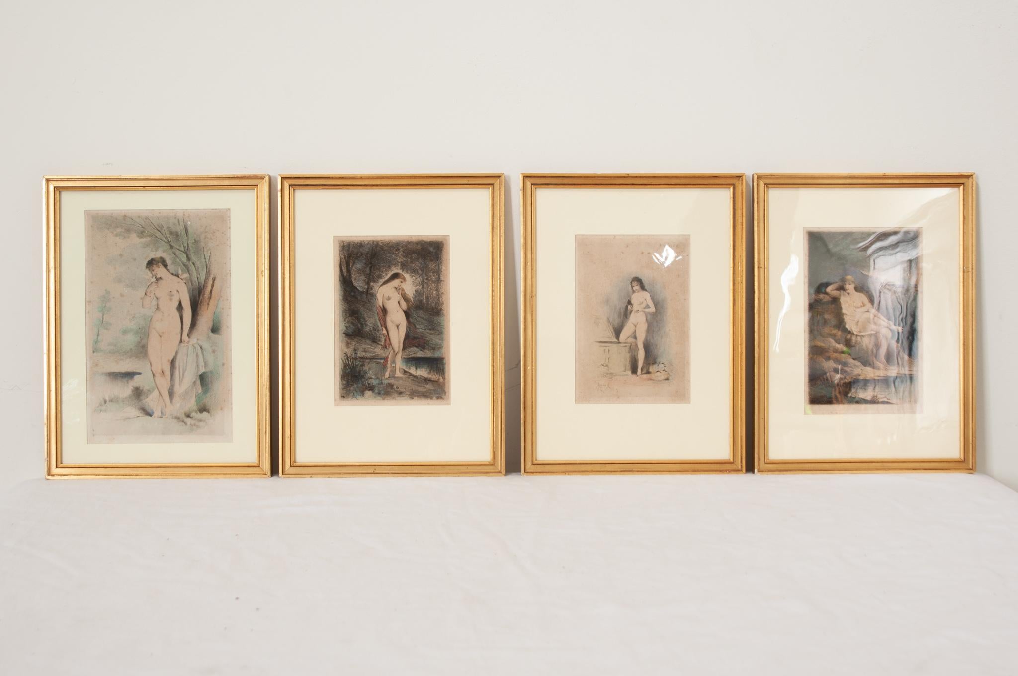 Set of 4 Hand Colored Lithographs of Ladies In Good Condition In Baton Rouge, LA