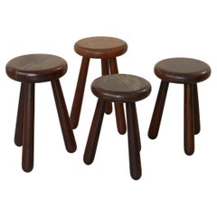 Set of 4 Handcrafted Four Legged Stools in Solid Wood, France, circa 1970s