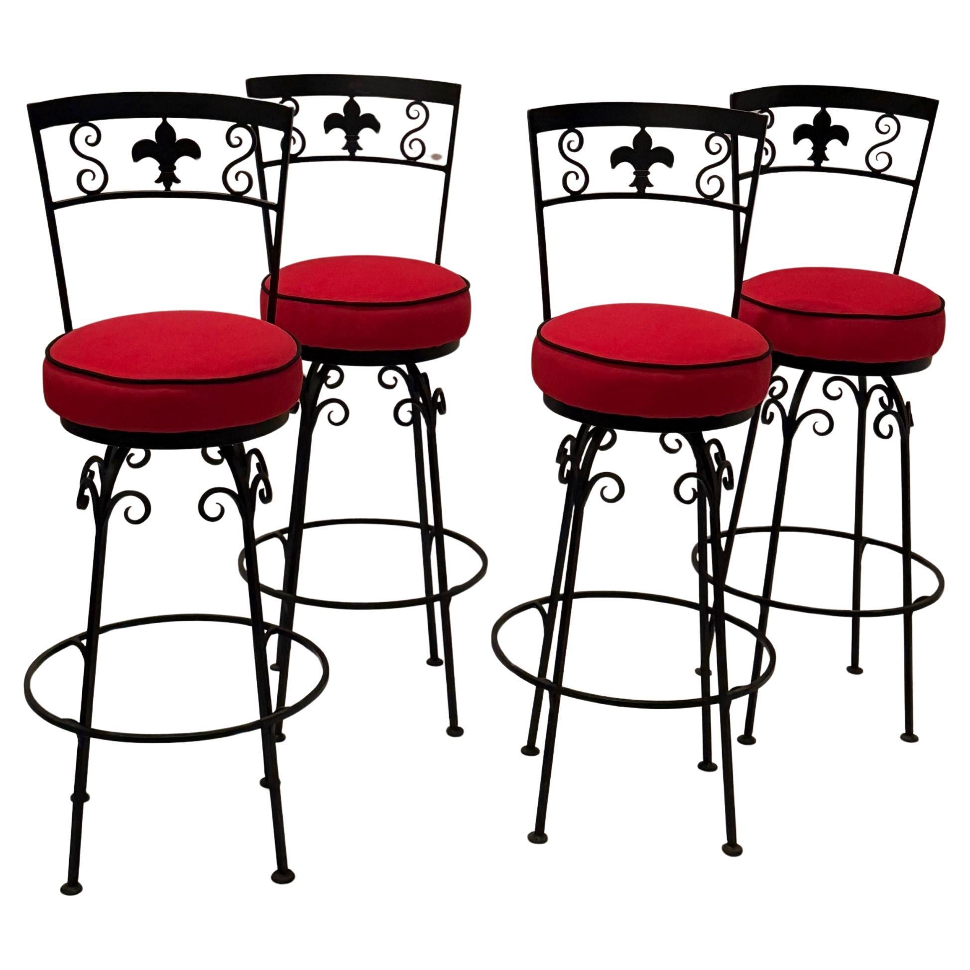 Set of 4 Hand Wrought Iron Fleur di Lis Motif Barstools