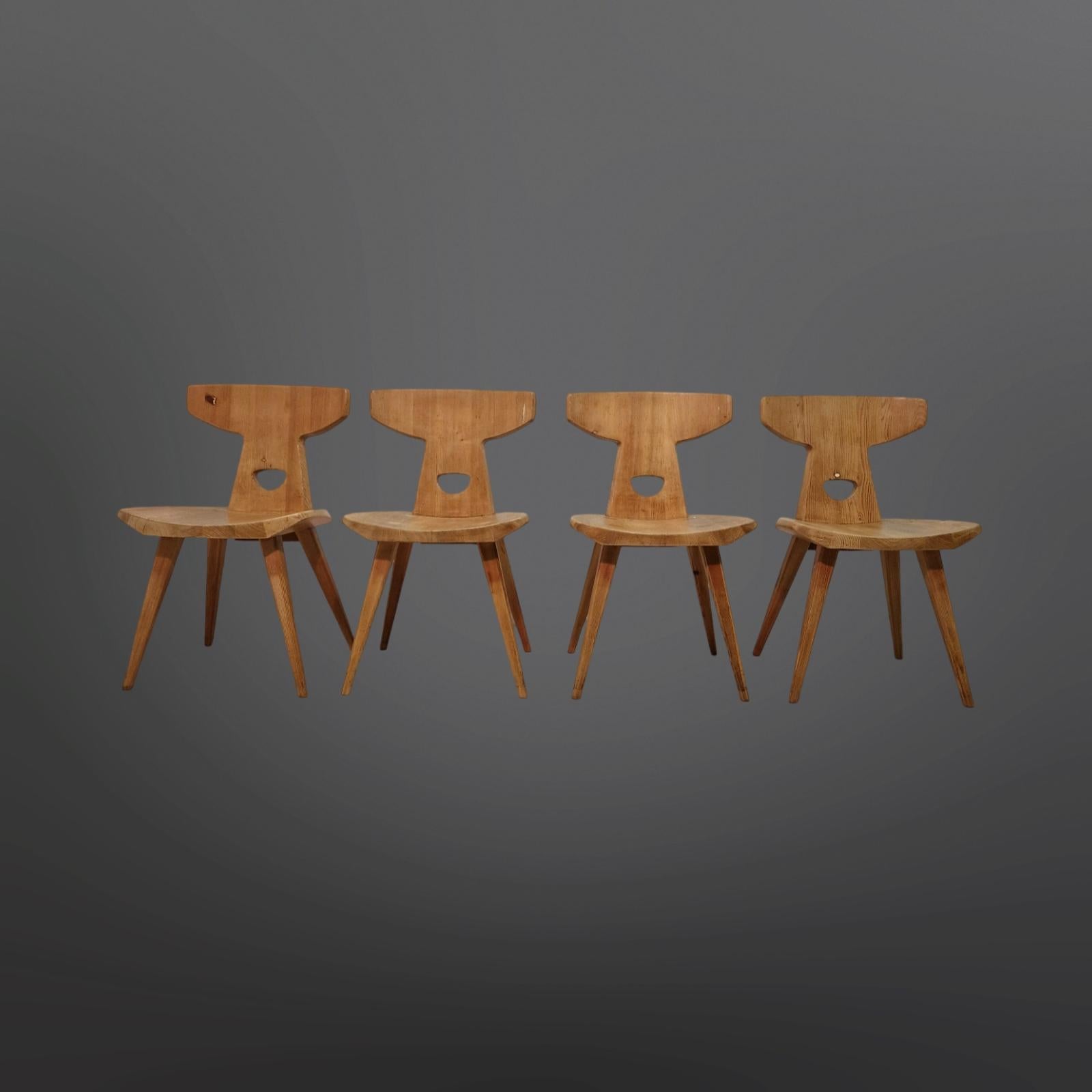 Handcrafted mid century design dining chairs. Made from solid pine without any screws. All connections are wood in wood and secured by wood wedges.
Designed by Jacob Kielland-Brandt for Christiansen in the 1960s.
The chairs are all in good