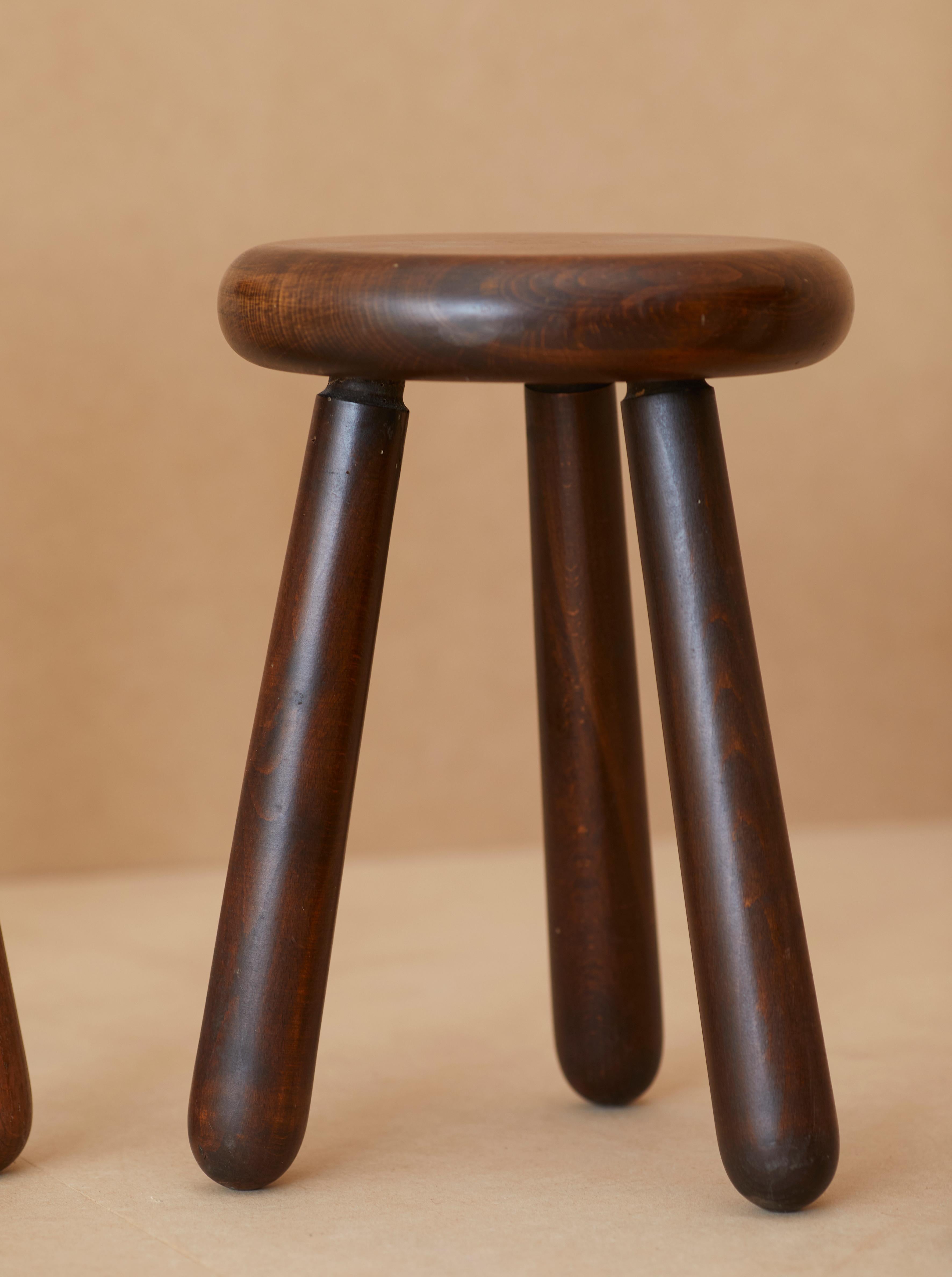 French Set of 4 Handcrafted Four Legged Stools in Solid Wood, France, circa 1970s