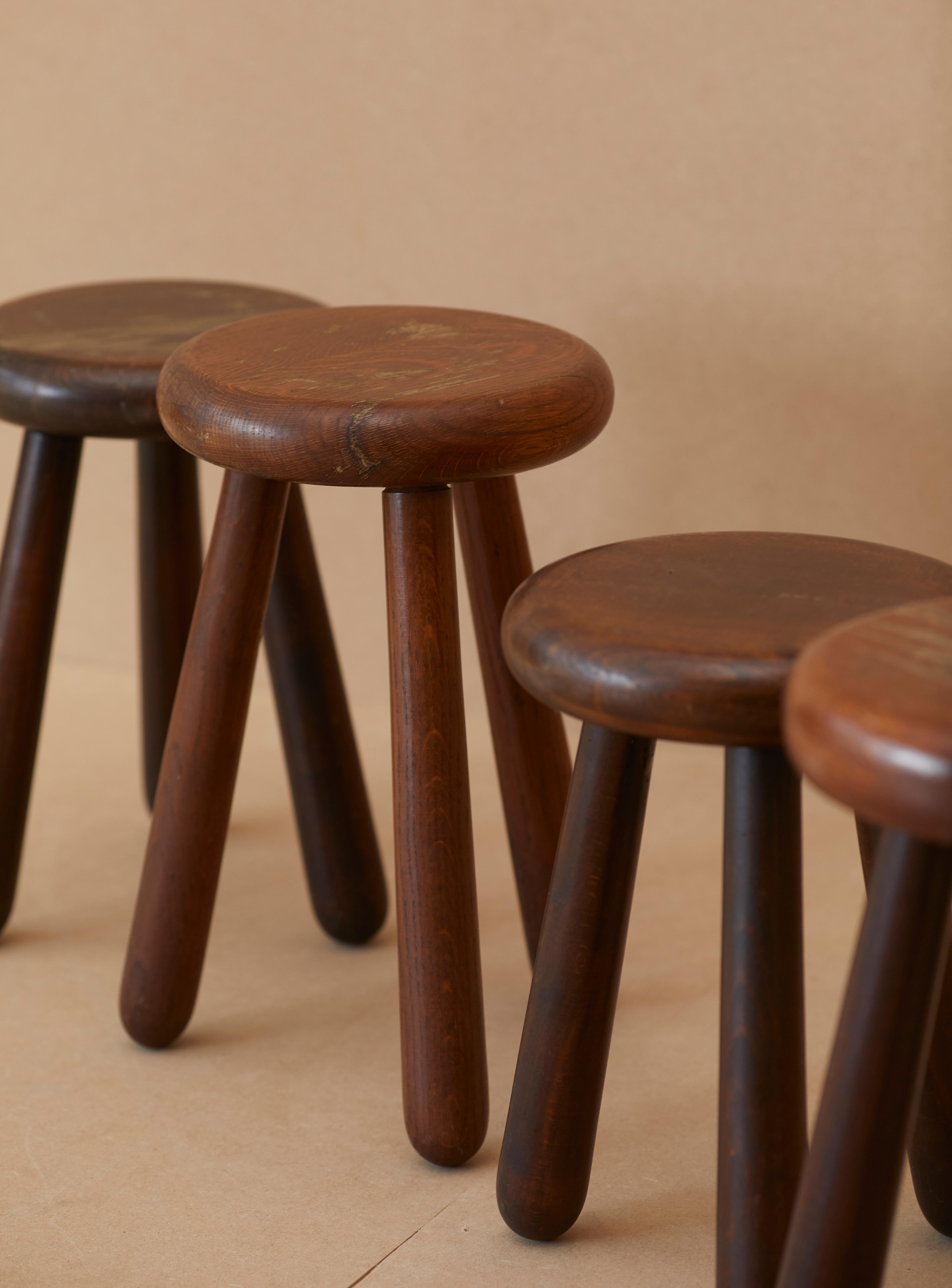 Set of 4 Handcrafted Four Legged Stools in Solid Wood, France, circa 1970s 1