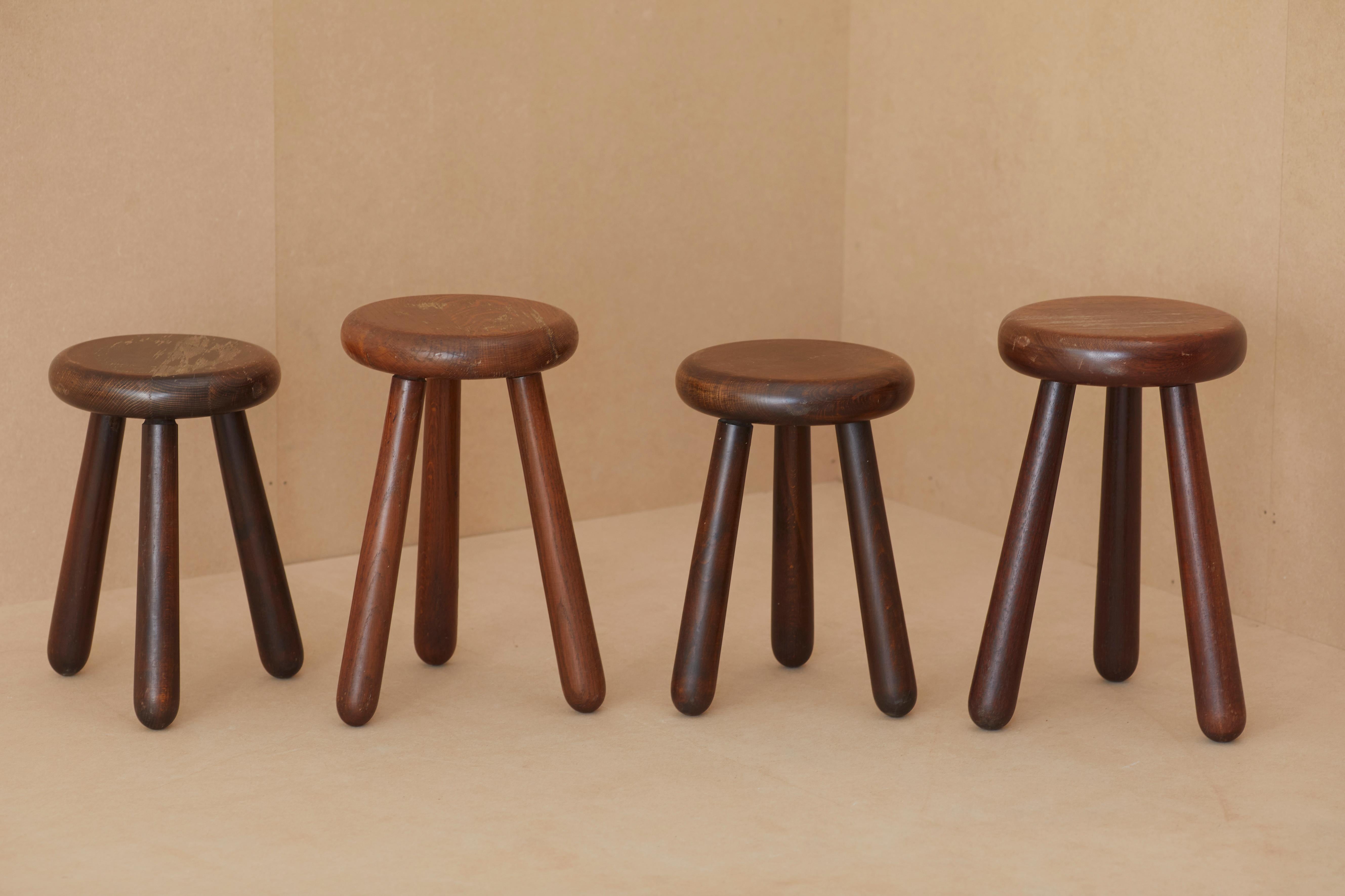 Set of 4 Handcrafted Four Legged Stools in Solid Wood, France, circa 1970s 12