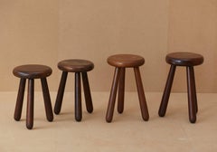 Set of 4 Handcrafted Four Legged Stools in Solid Wood, France, circa 1970s