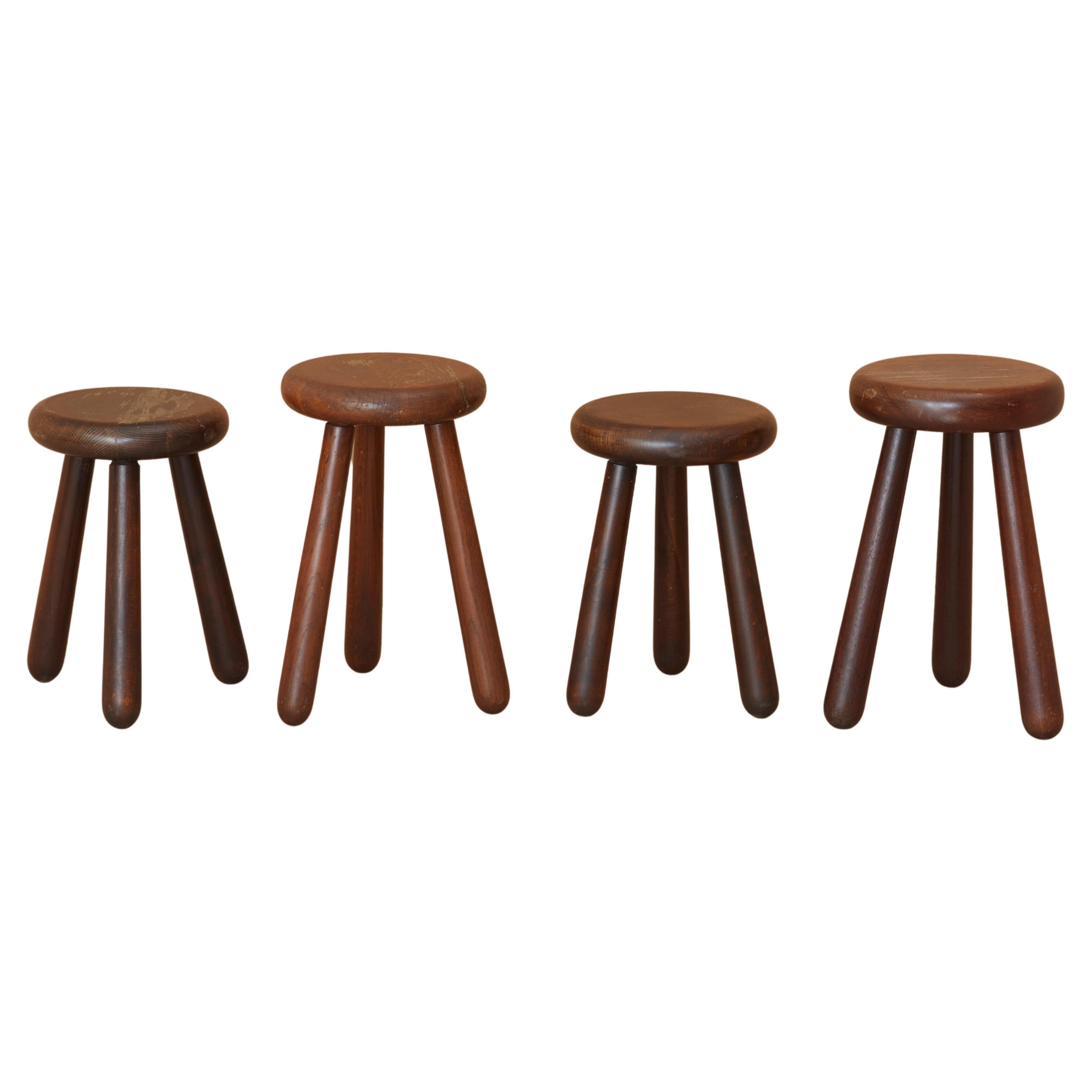 Set of 4 Handcrafted Four Legged Stools in Solid Wood, France, circa 1970s