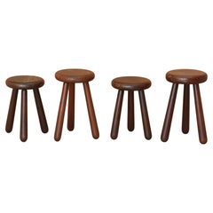 Vintage Set of 4 Handcrafted Four Legged Stools in Solid Wood, France, circa 1970s
