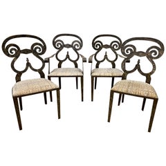 Used Set of 4 Handmade Cast Iron Scroll Back Outdoor Dining Chairs