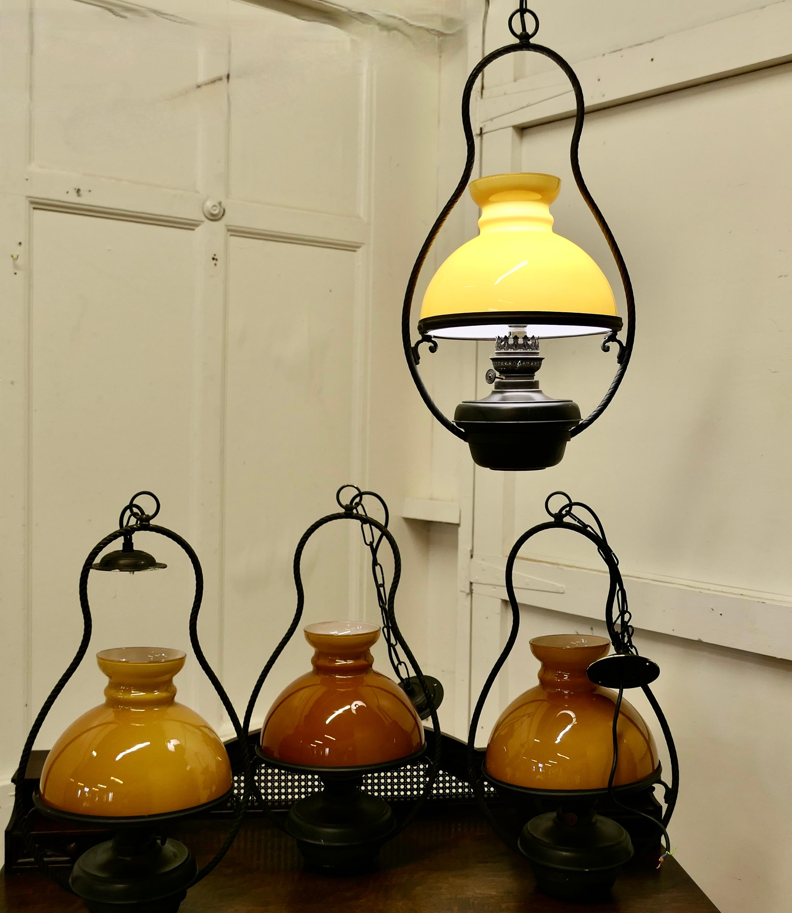 20th Century Set of 4 Hanging Bistro Table Oil Lamps